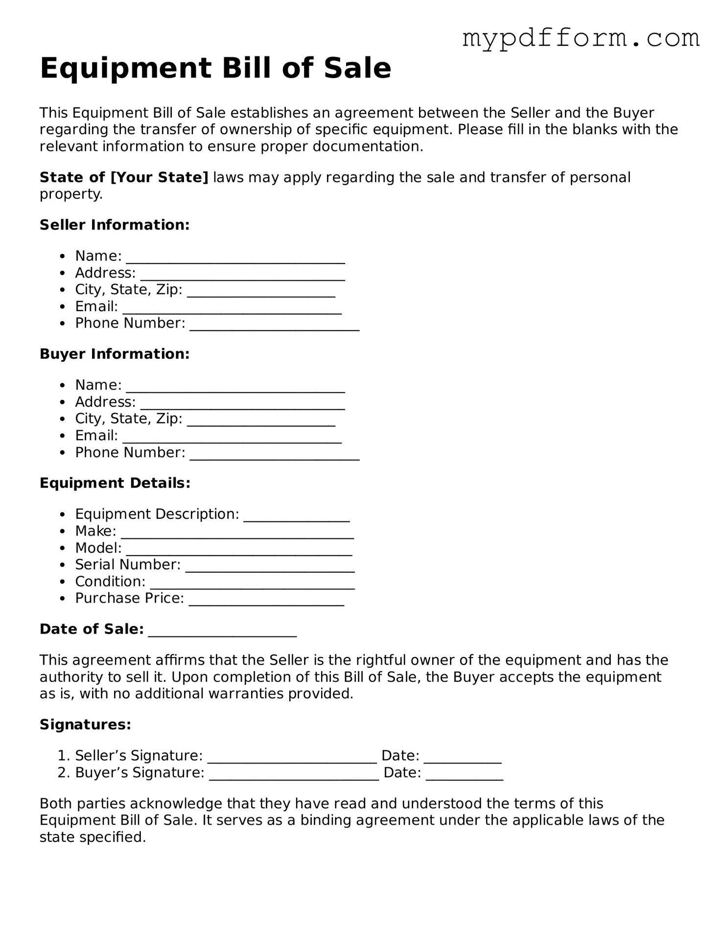 Fillable Equipment Bill of Sale Document