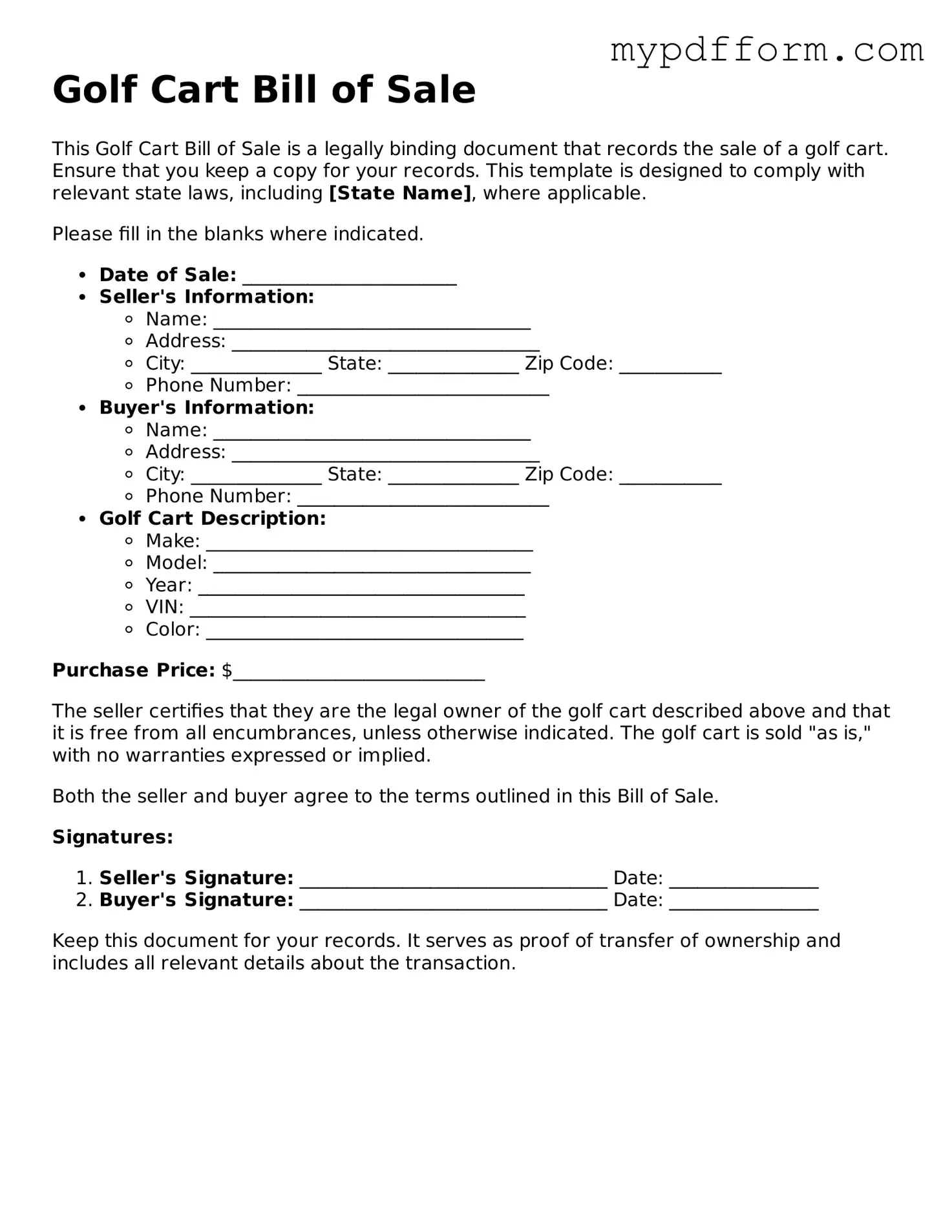 Fillable Golf Cart Bill of Sale Document