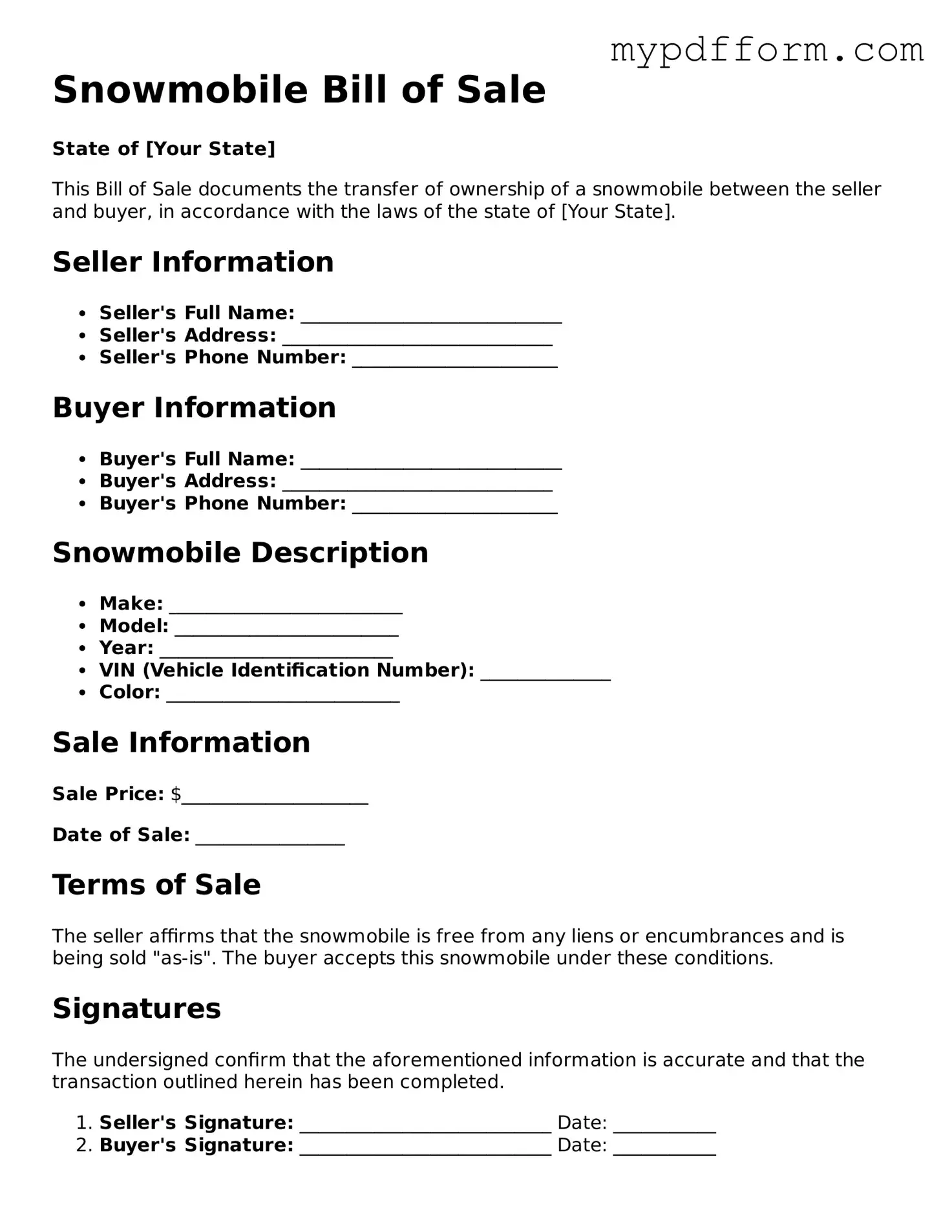 Fillable Snowmobile Bill of Sale Document