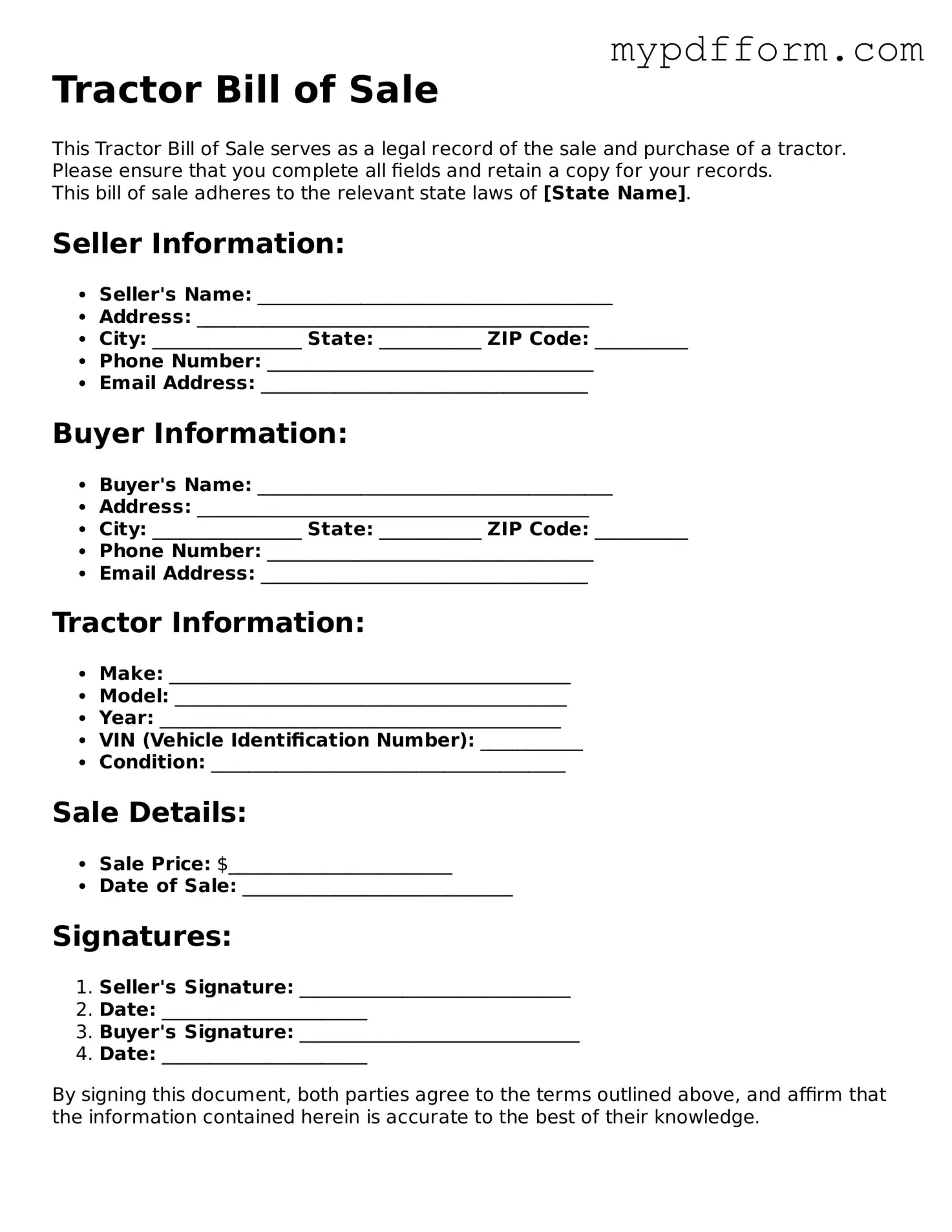 Fillable Tractor Bill of Sale Document