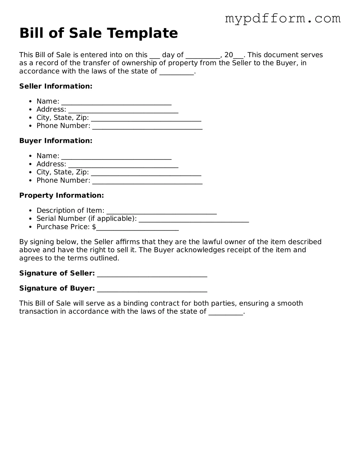 Fillable Bill of Sale Document