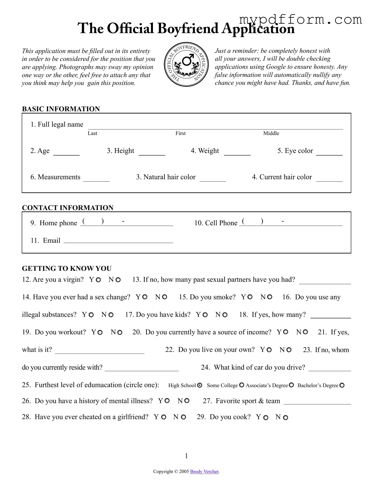 Fill in Your Boyfriend application form Form