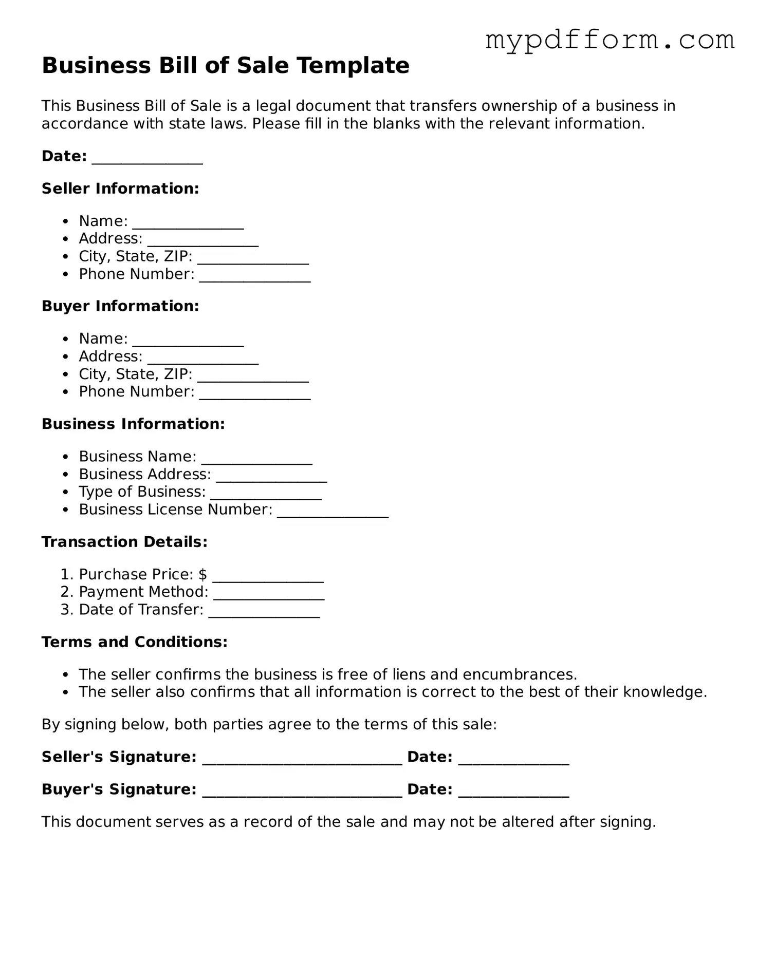 Fillable Business Bill of Sale Document