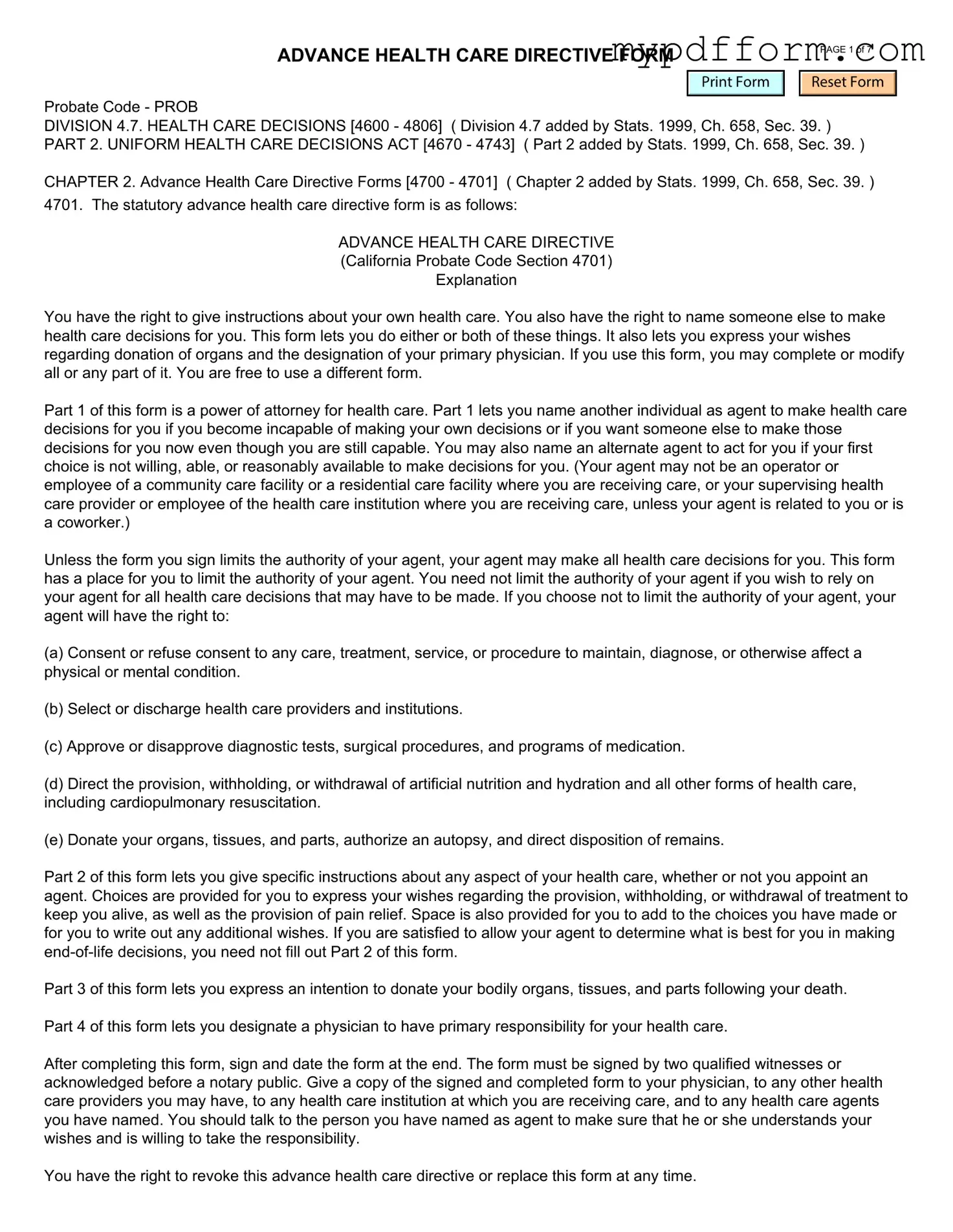 Fill in Your California Advanced Health Care Directive Form