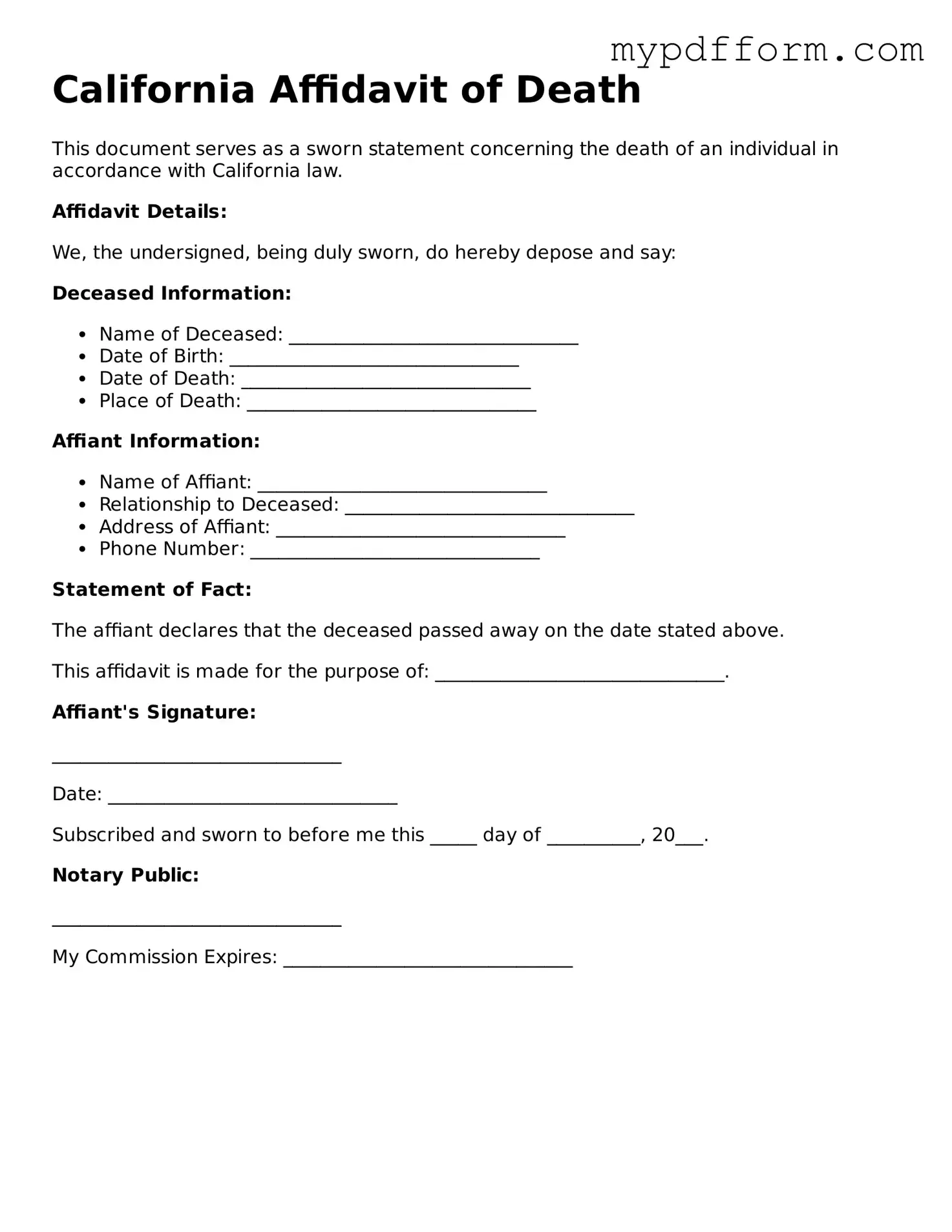 Valid  Affidavit of Death Template for California