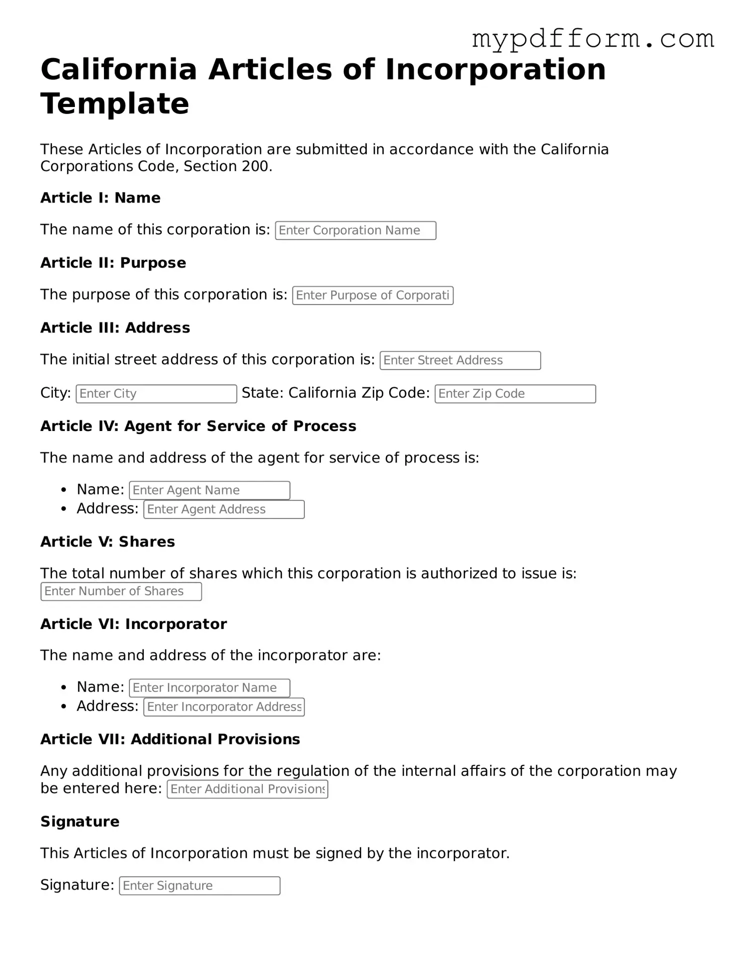 Valid  Articles of Incorporation Template for California