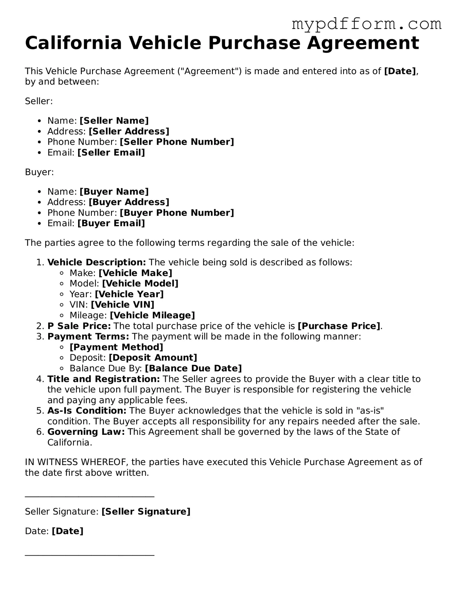 Valid  Vehicle Purchase Agreement Template for California