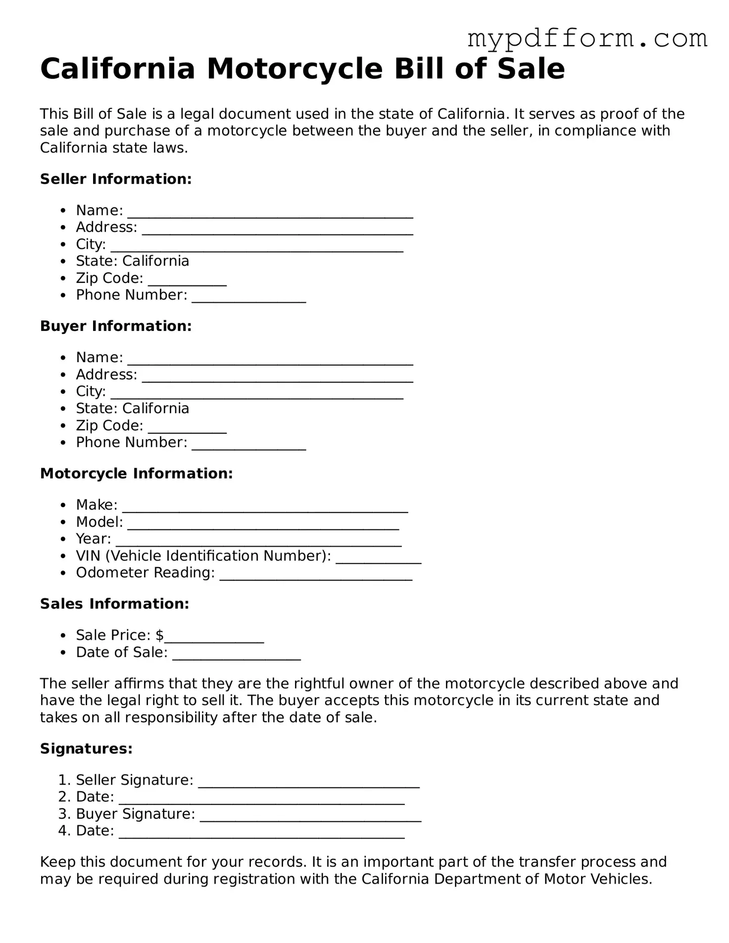 Valid  Motorcycle Bill of Sale Template for California