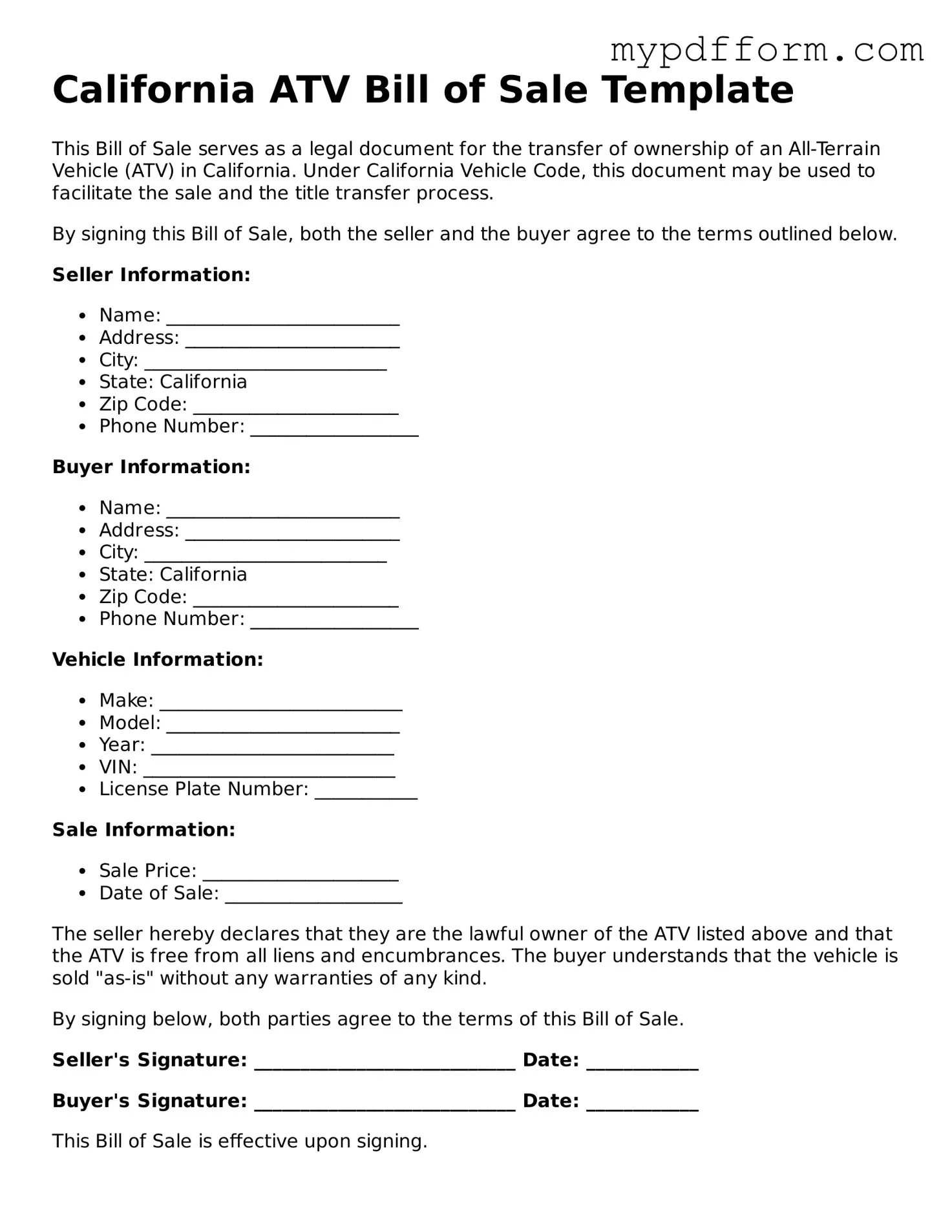 Valid  ATV Bill of Sale Template for California