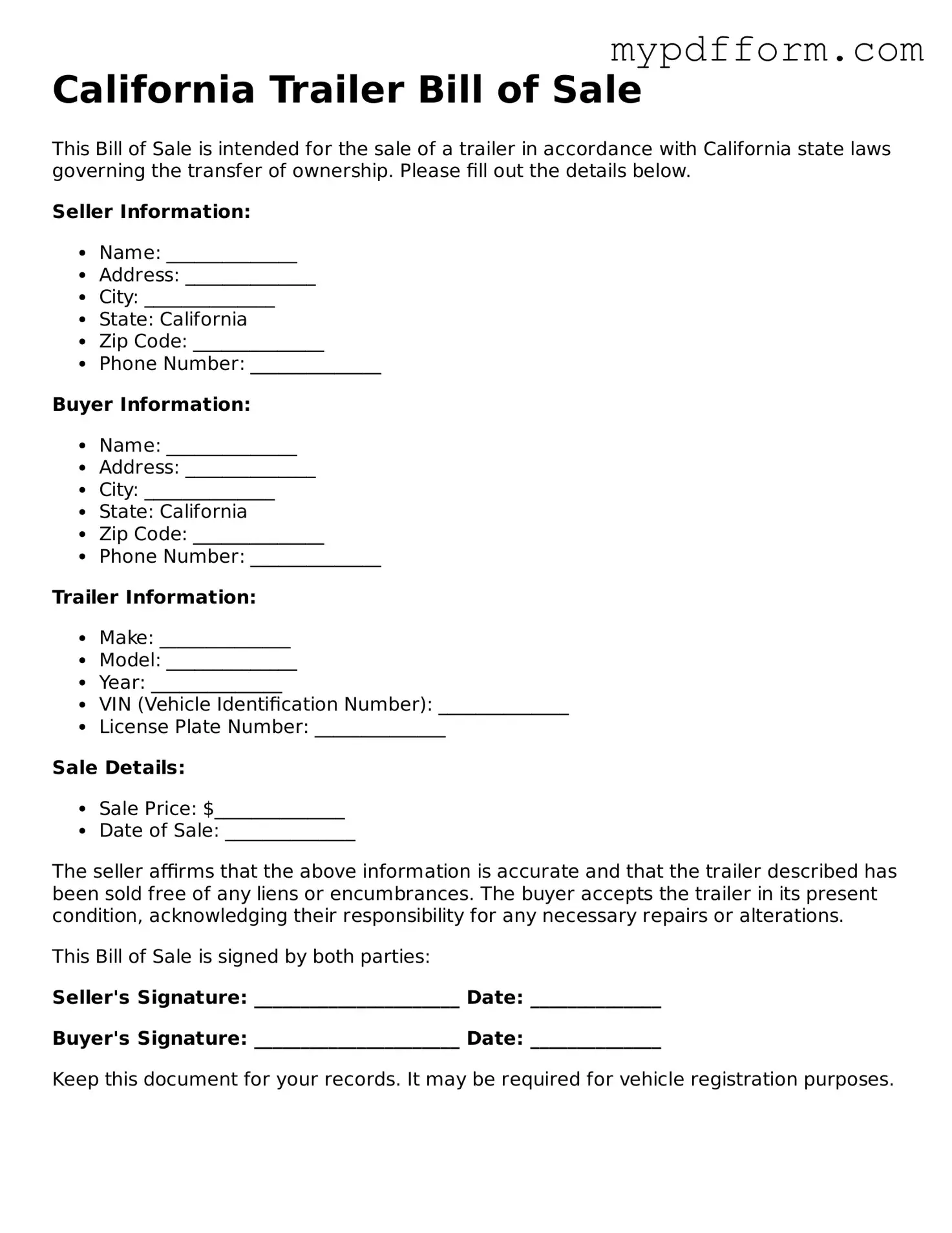 Valid  Trailer Bill of Sale Template for California