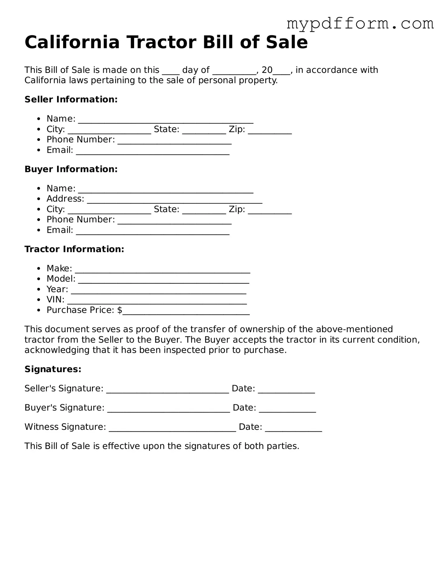 Valid  Tractor Bill of Sale Template for California