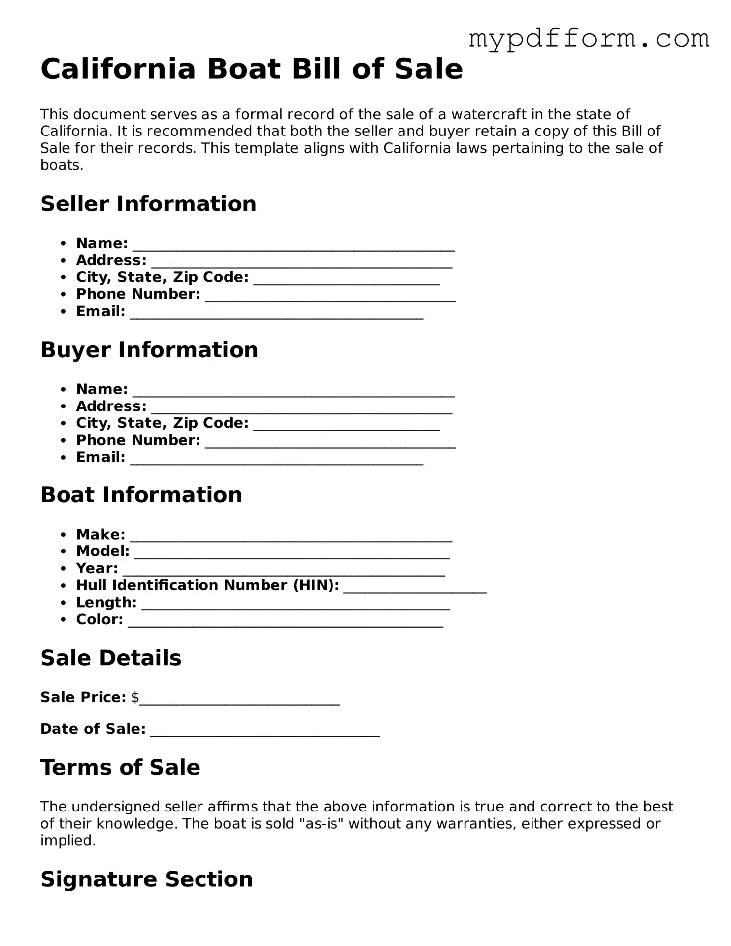 Valid  Boat Bill of Sale Template for California