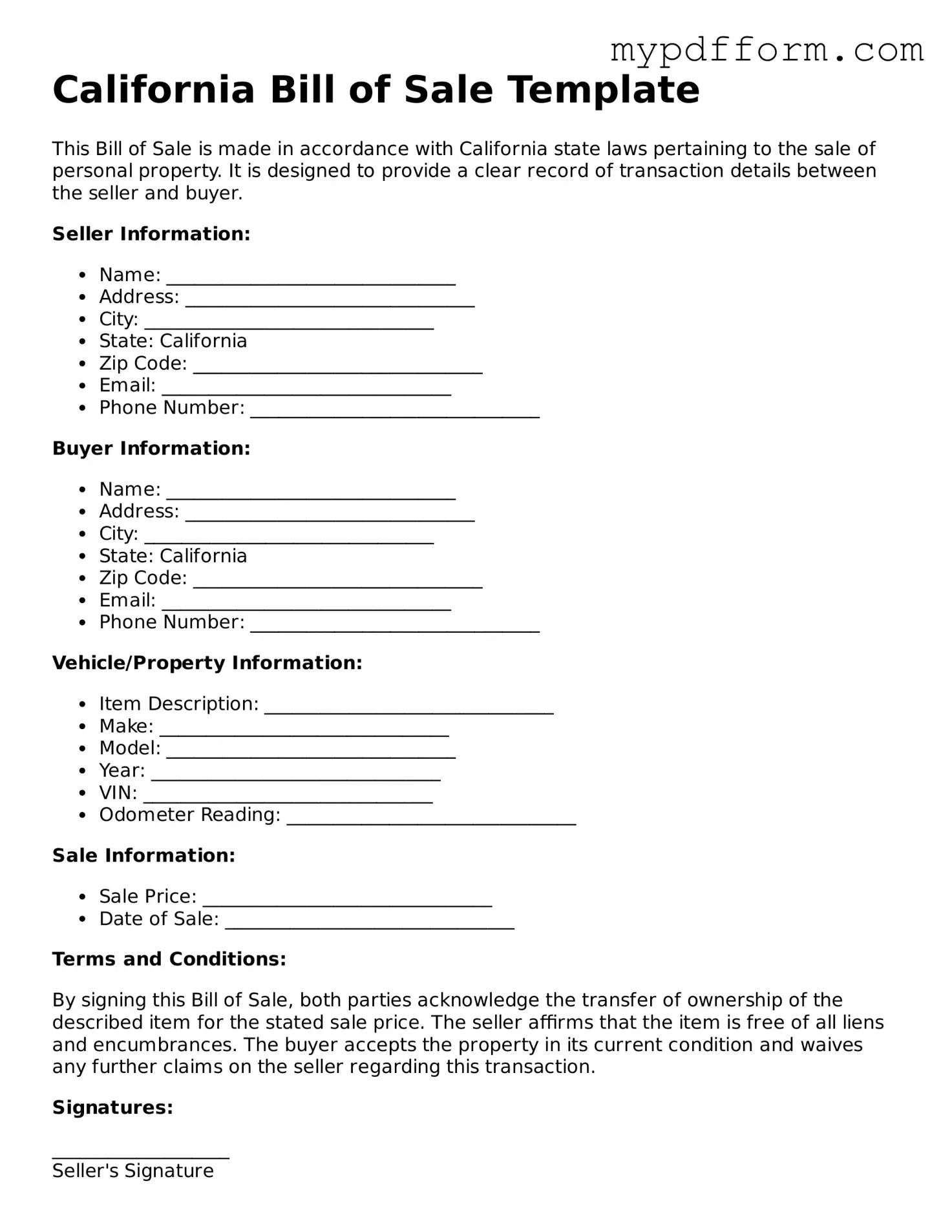 Valid  Bill of Sale Template for California