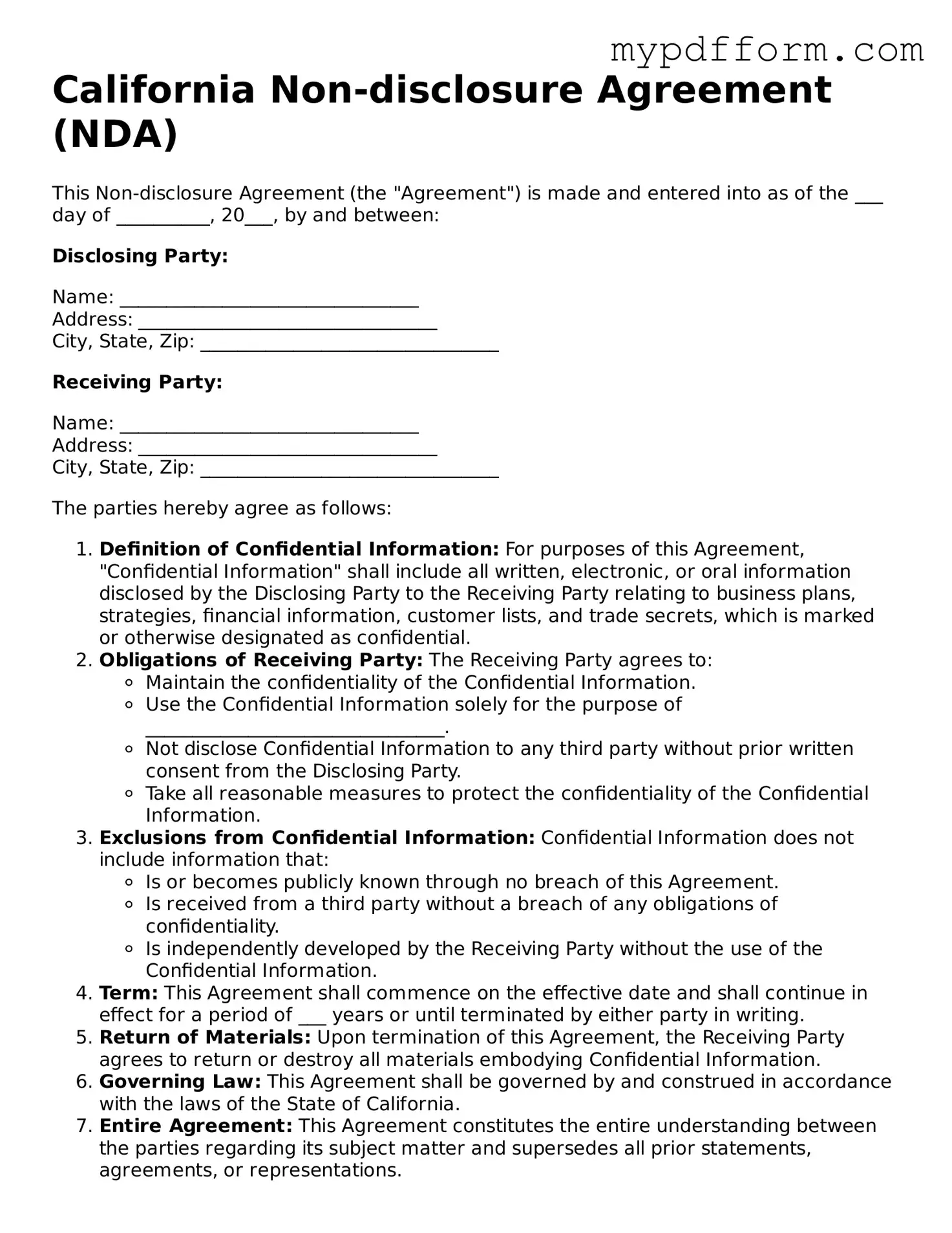 Valid  Non-disclosure Agreement Template for California
