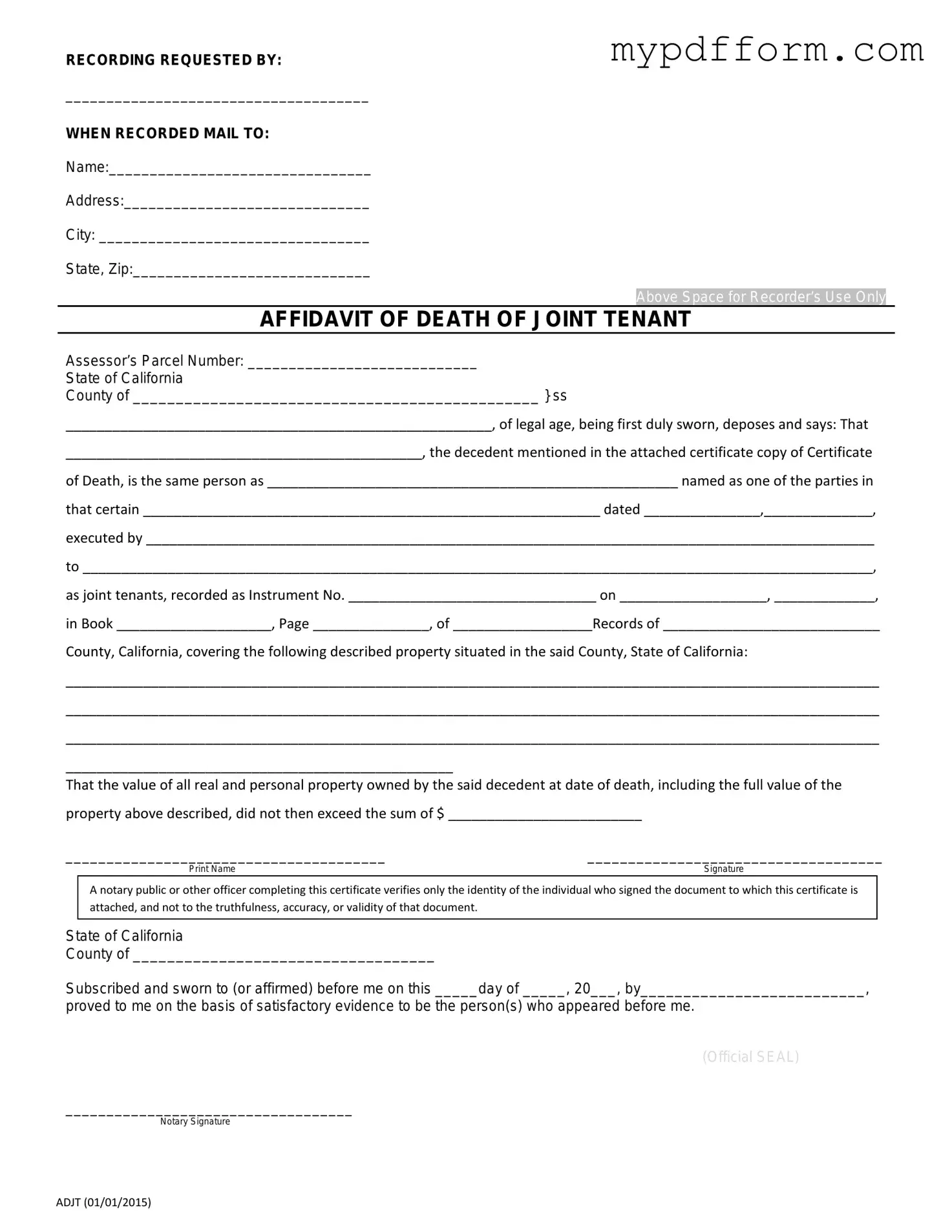 Fill in Your California Death of a Joint Tenant Affidavit Form