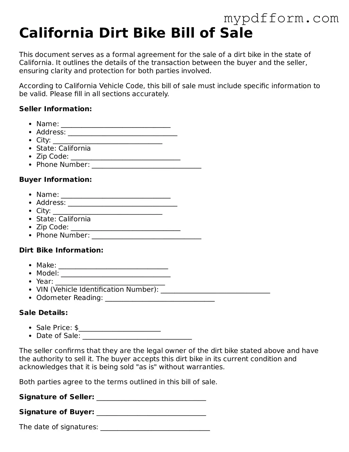 Valid  Dirt Bike Bill of Sale Template for California