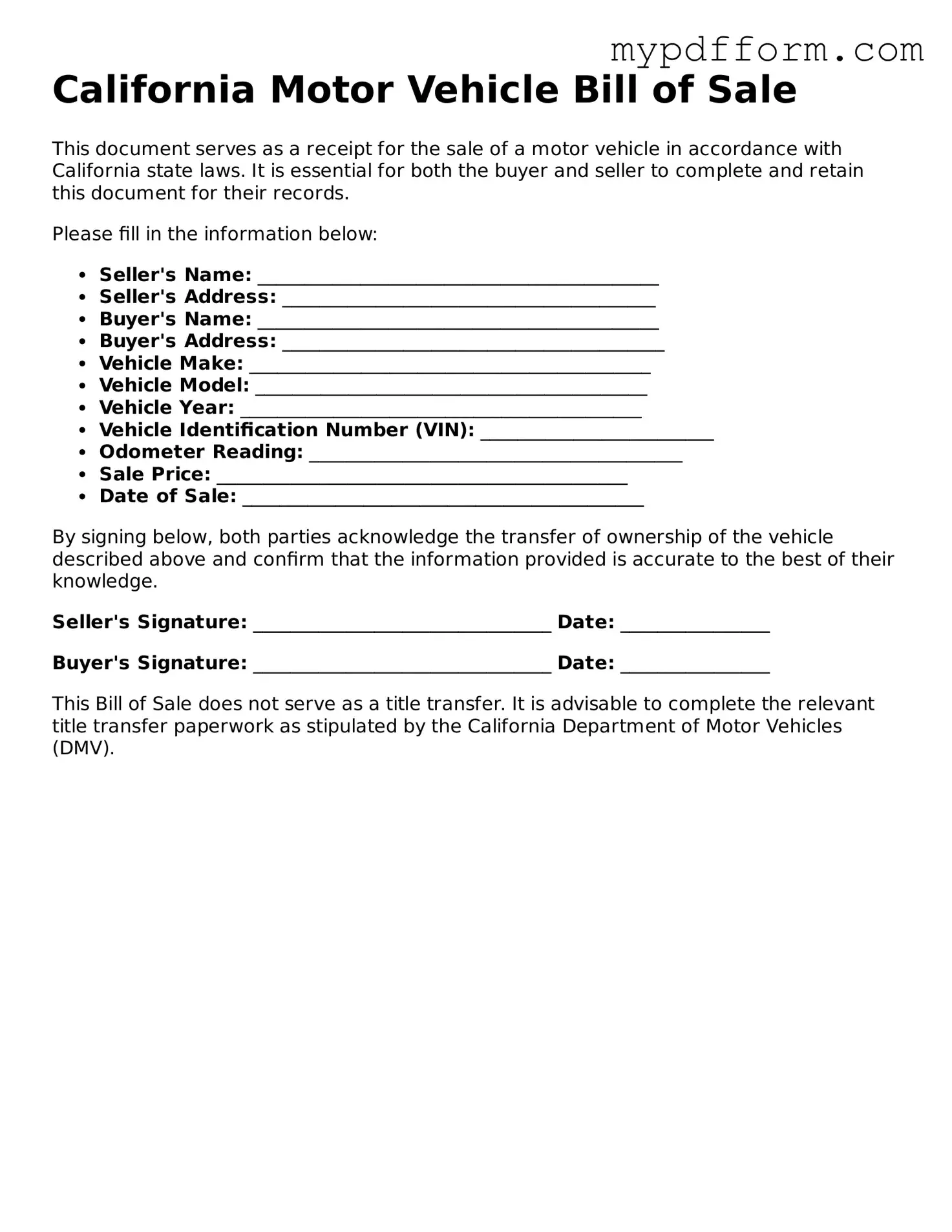Valid  Motor Vehicle Bill of Sale Template for California