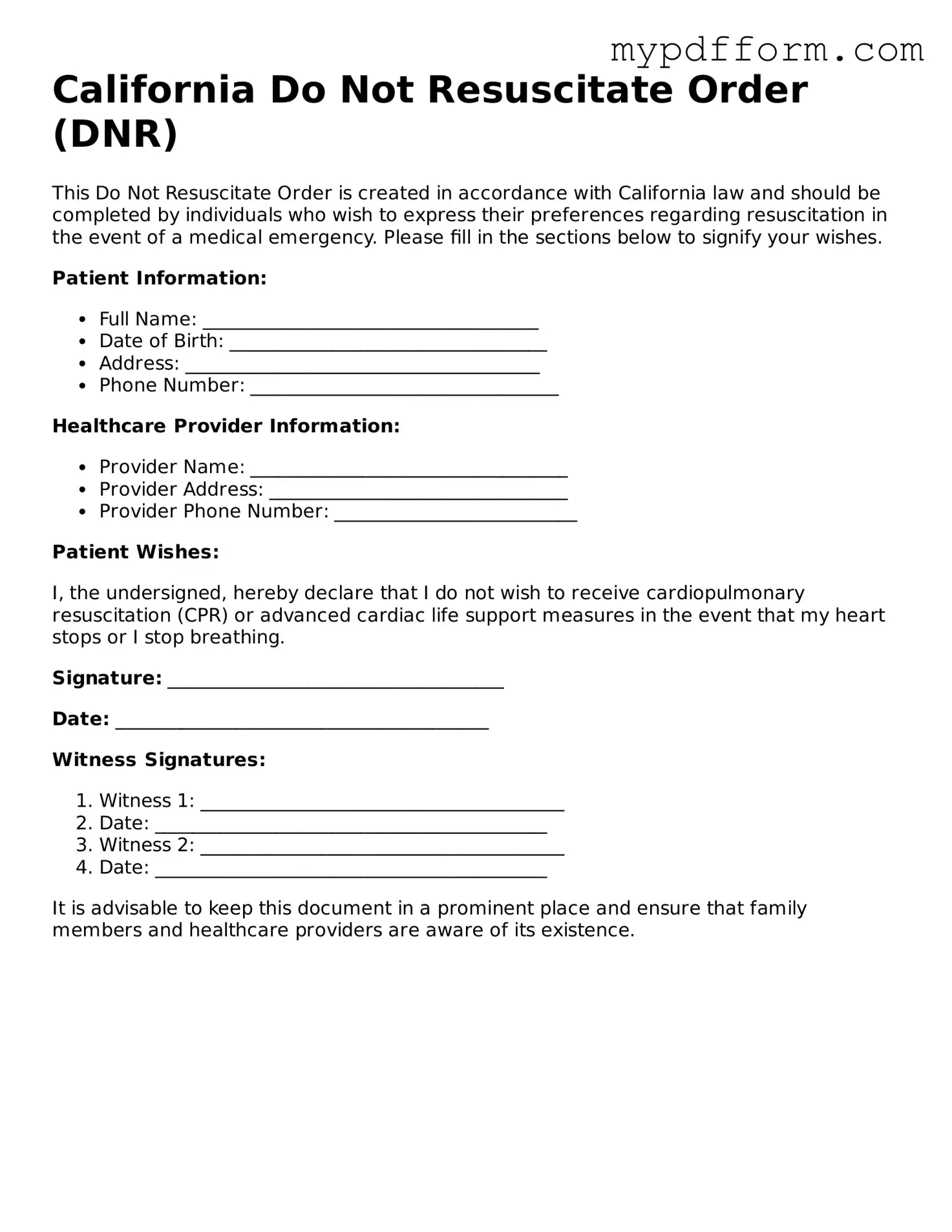 Valid  Do Not Resuscitate Order Template for California