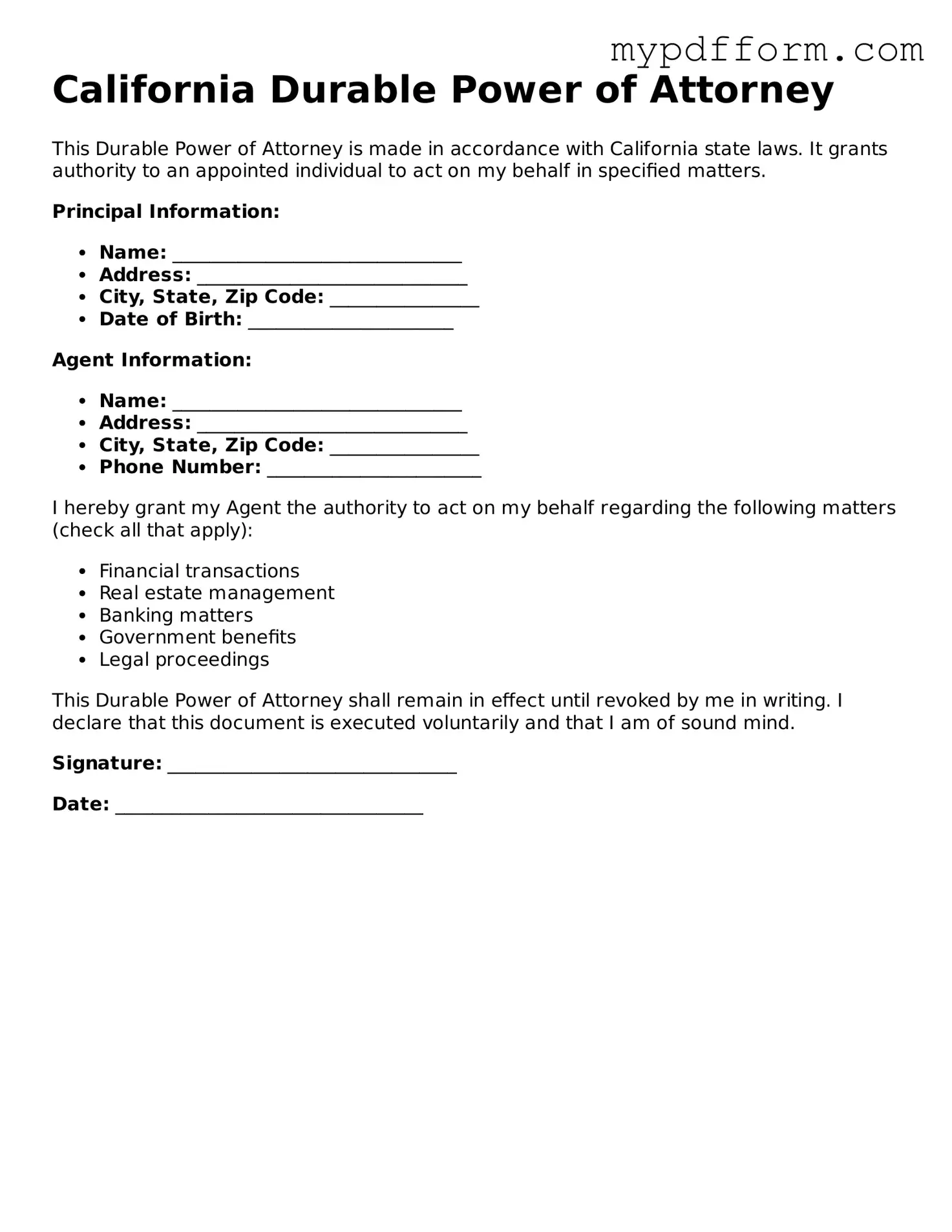 Valid  Durable Power of Attorney Template for California
