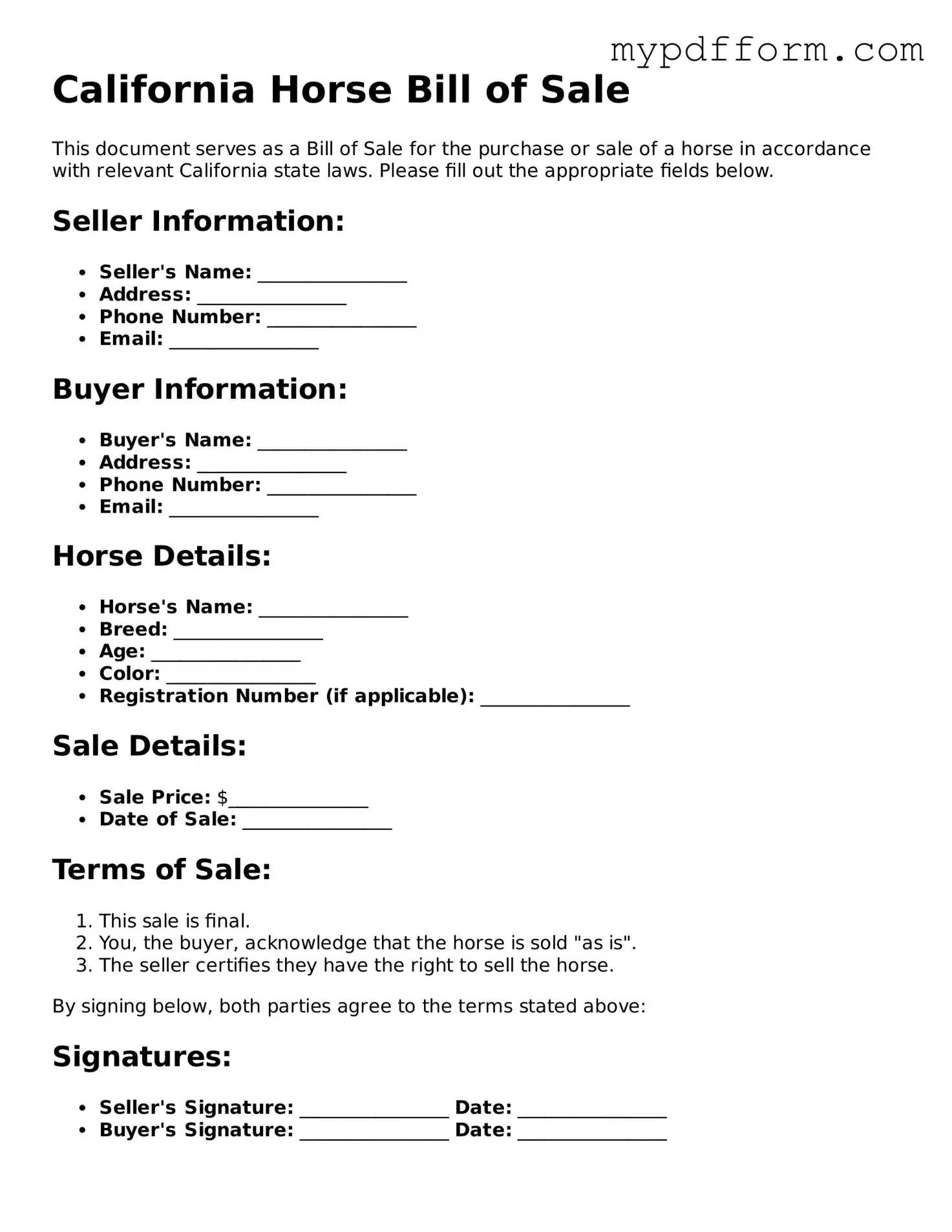 Valid  Horse Bill of Sale Template for California