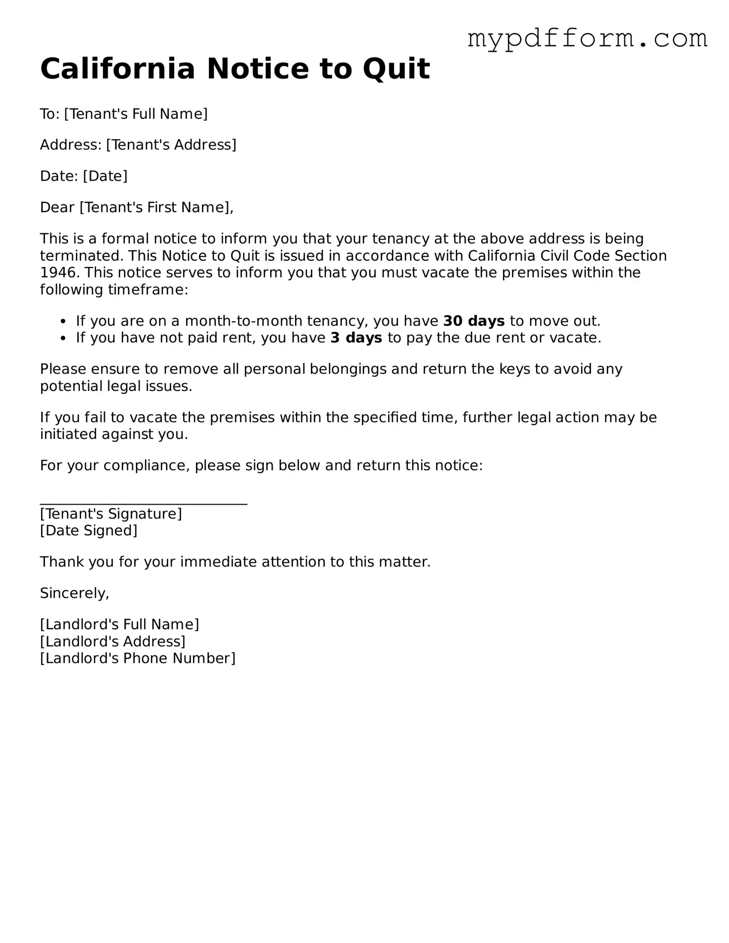 Valid  Notice to Quit Template for California