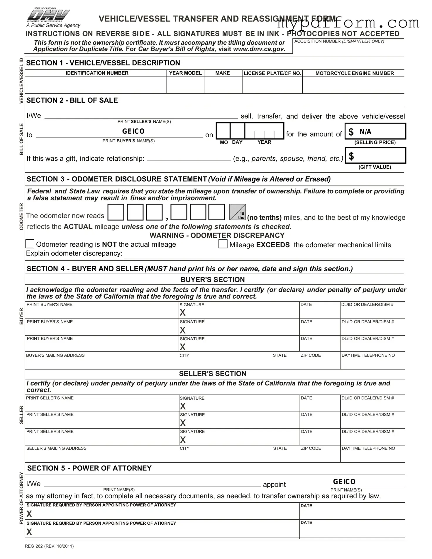 Fill in Your California Fotm Reg 262 Form