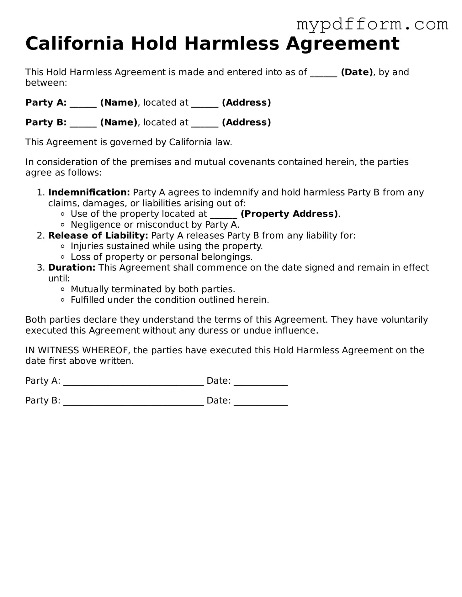 Valid  Hold Harmless Agreement Template for California