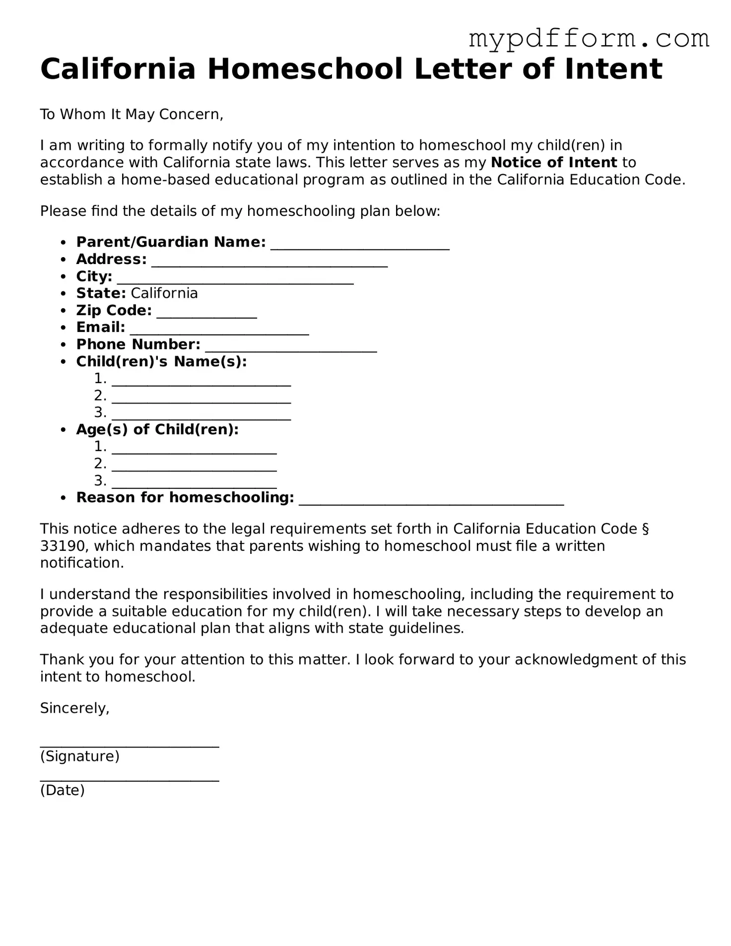 Valid  Homeschool Letter of Intent Template for California
