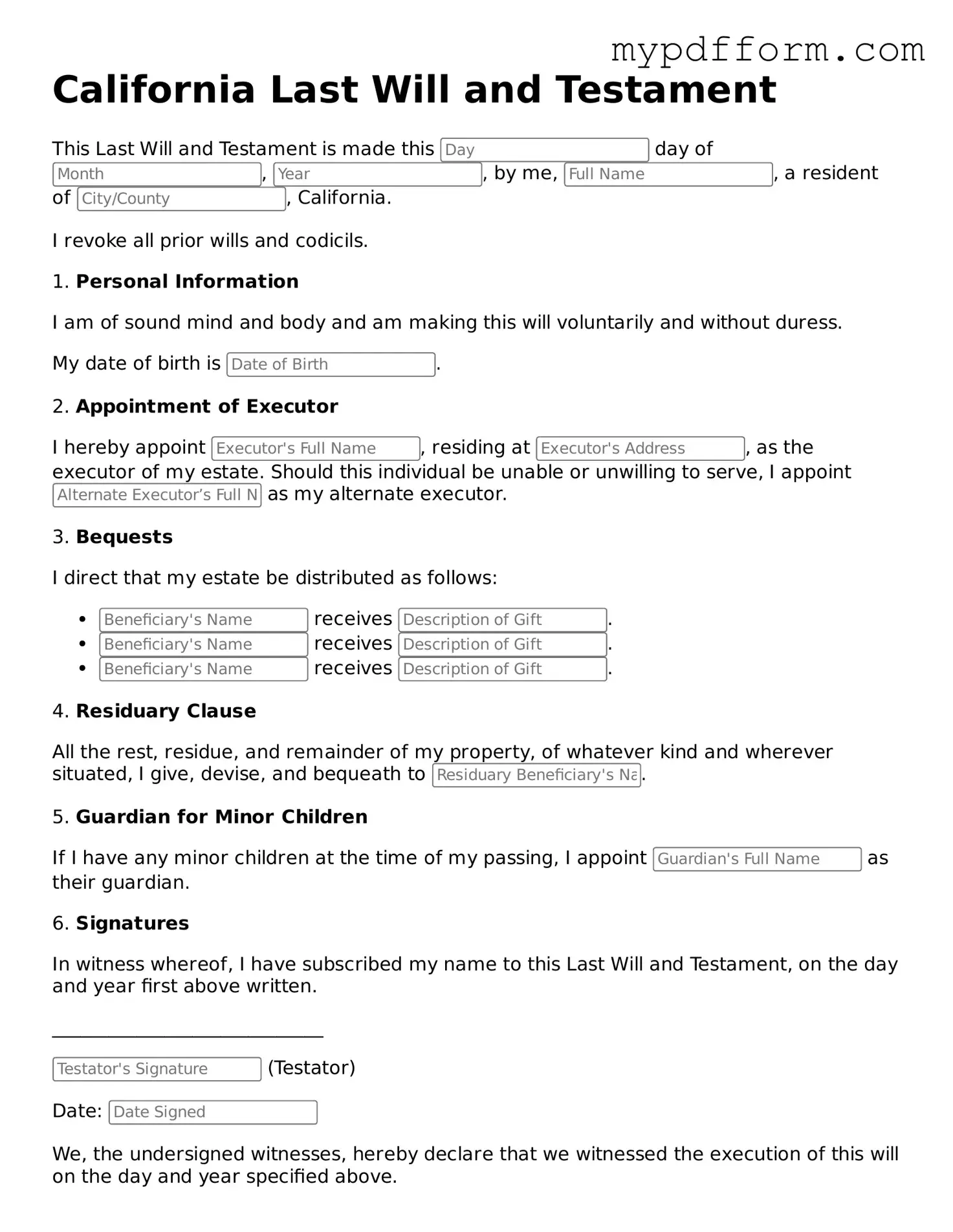 Valid  Last Will and Testament Template for California