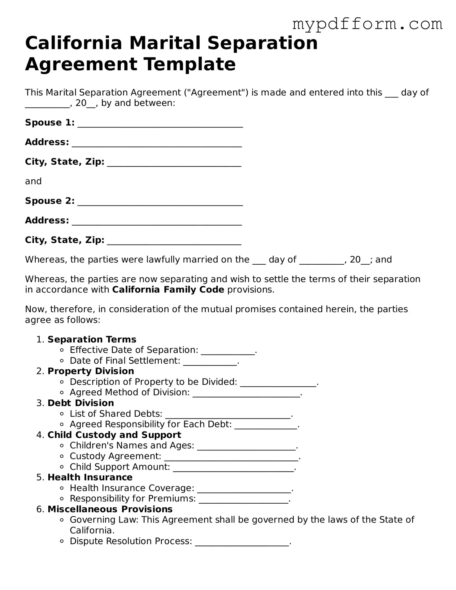 Valid  Marital Separation Agreement Template for California