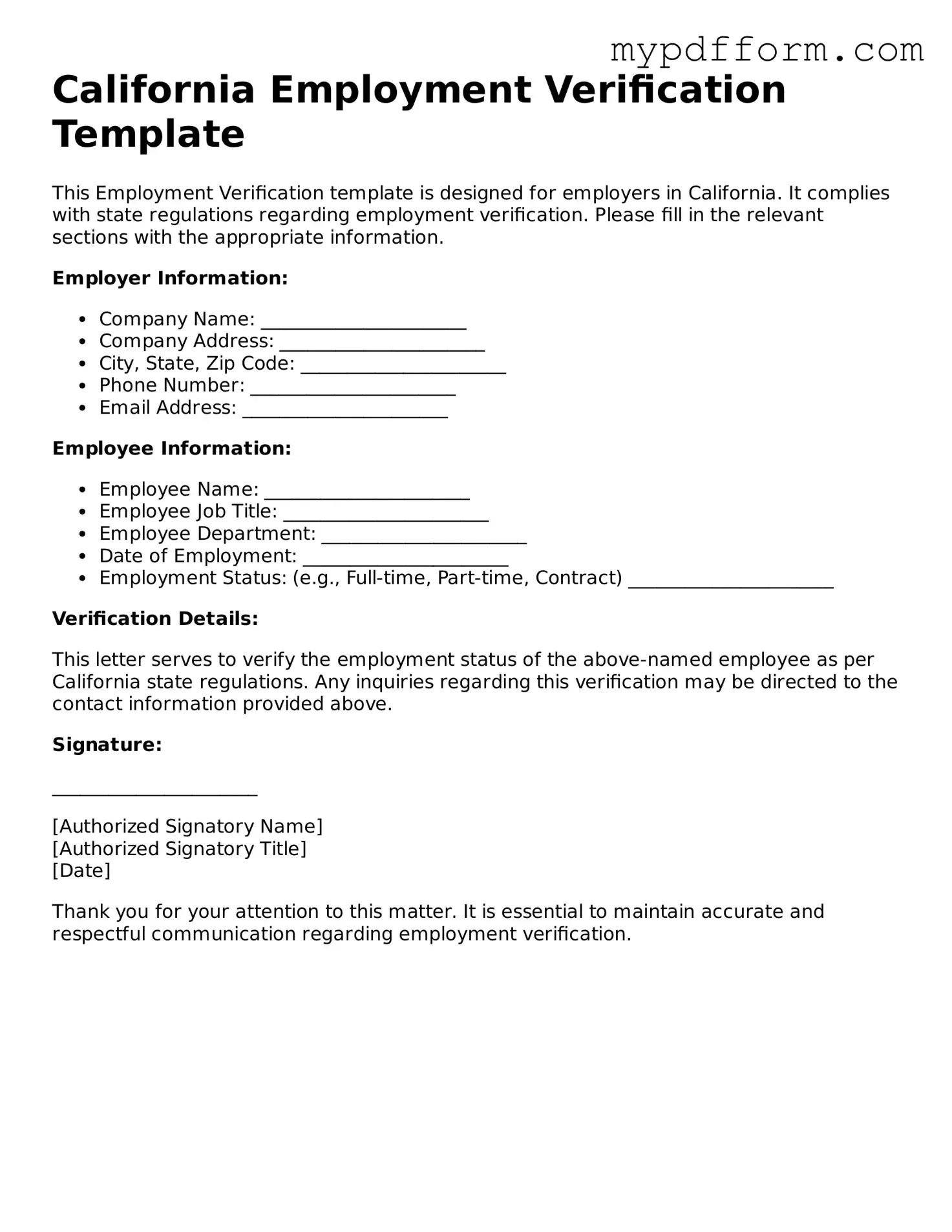 Valid  Employment Verification Template for California