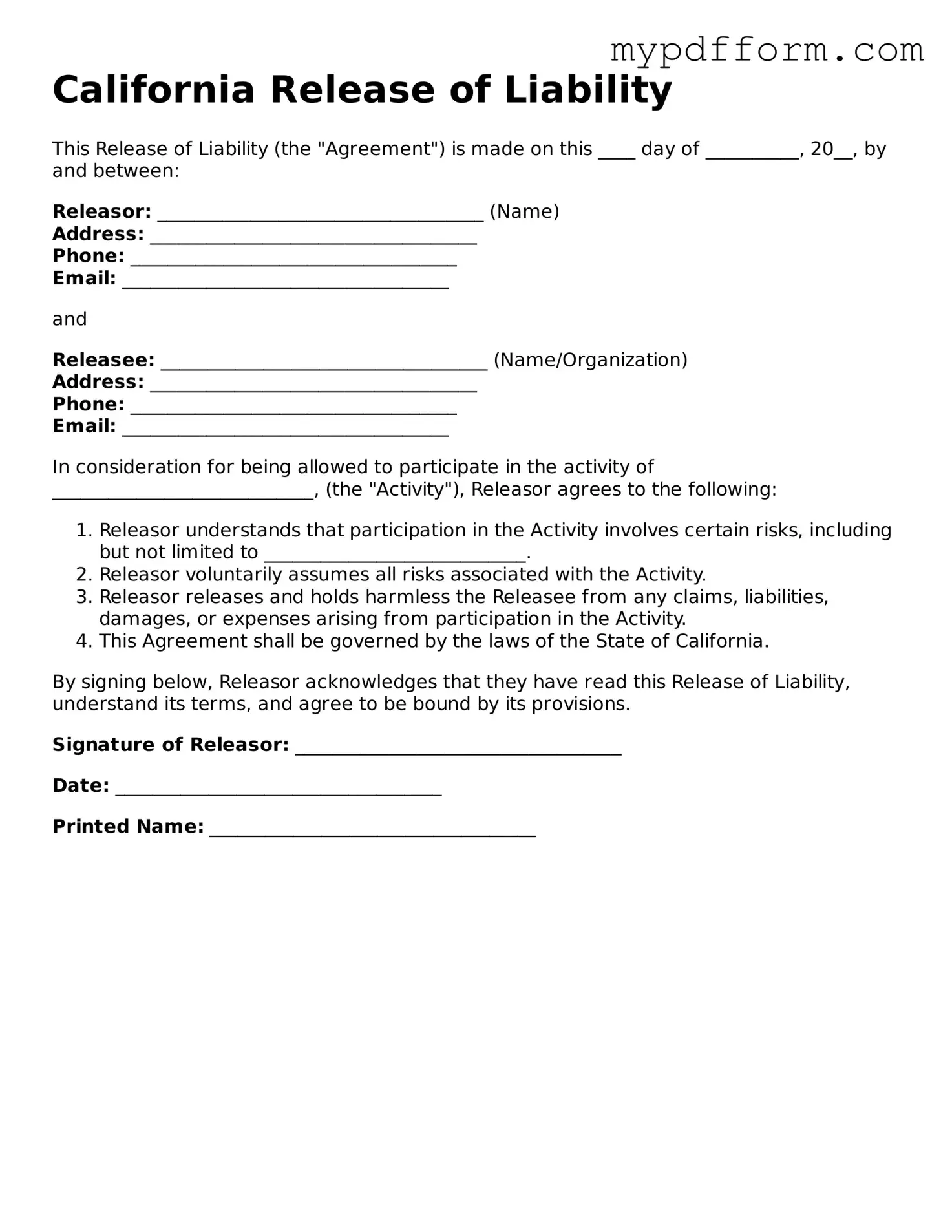 Valid  Release of Liability Template for California