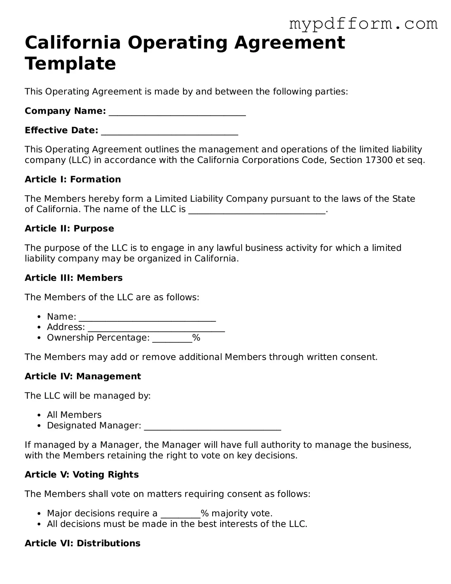 Valid  Operating Agreement Template for California