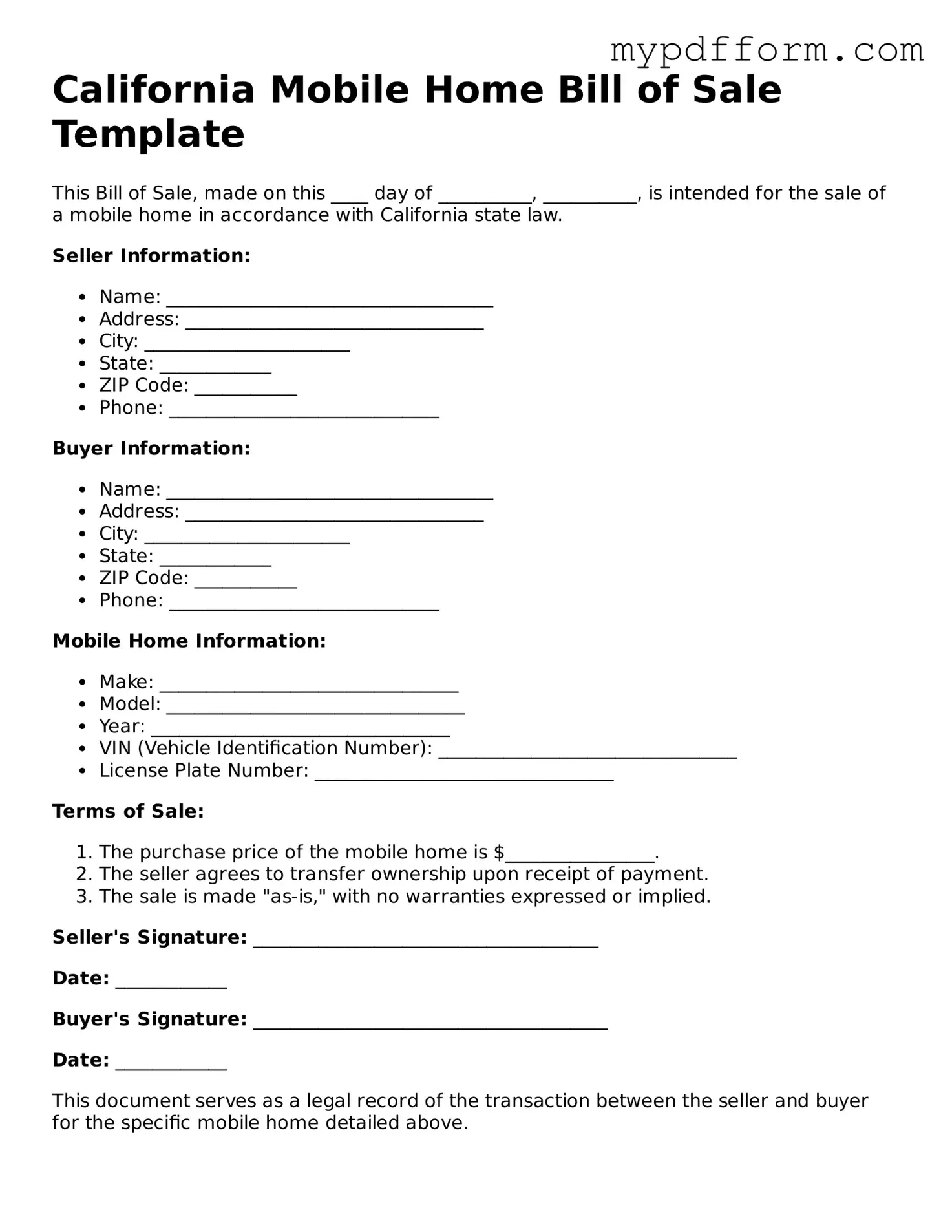 Valid  Mobile Home Bill of Sale Template for California