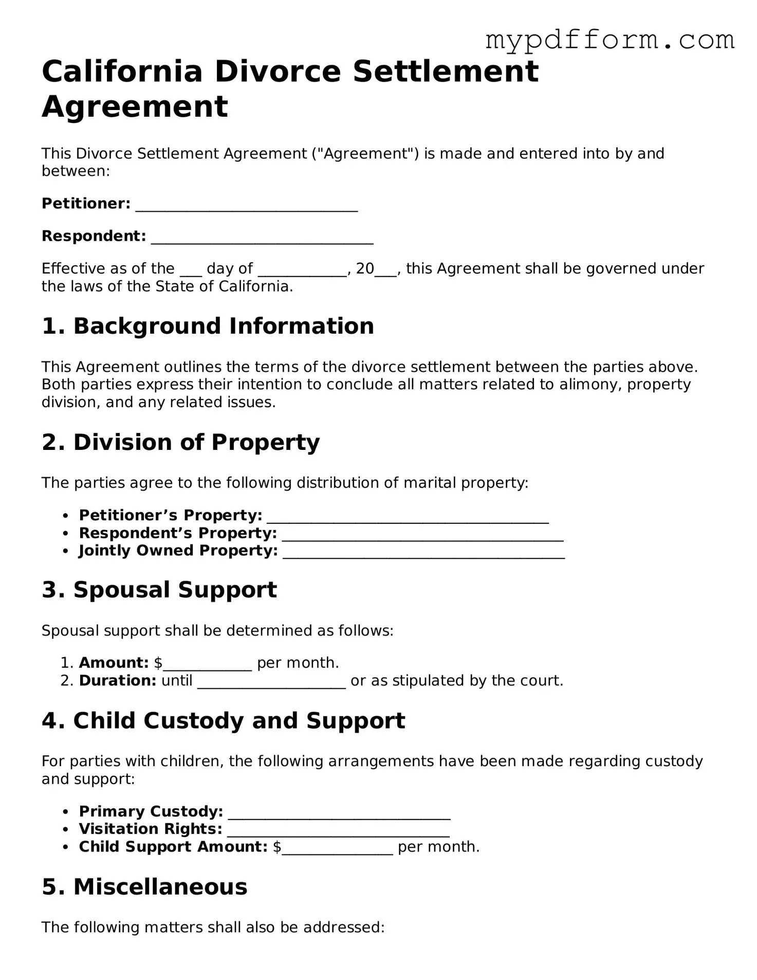 Valid  Divorce Settlement Agreement Template for California