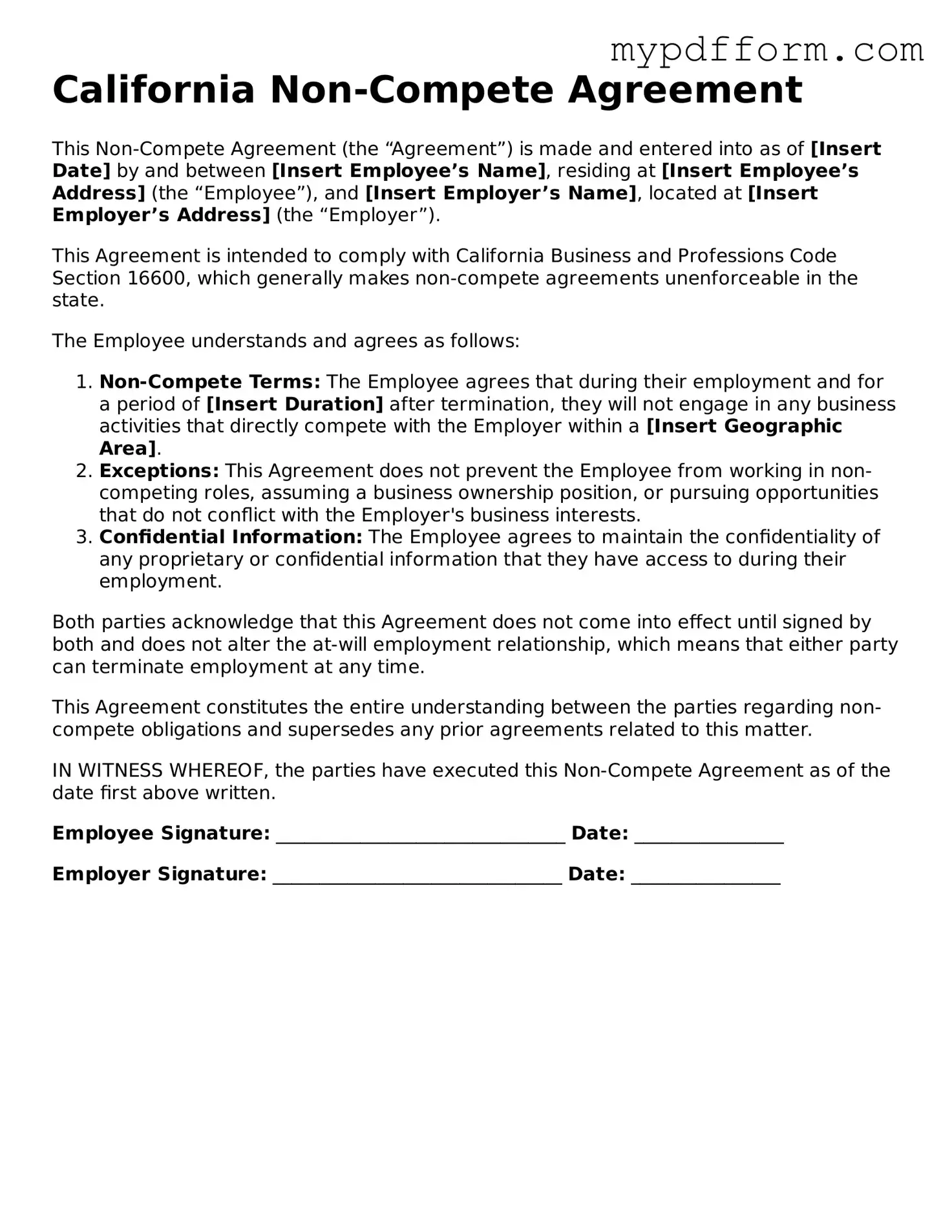 Valid  Non-compete Agreement Template for California