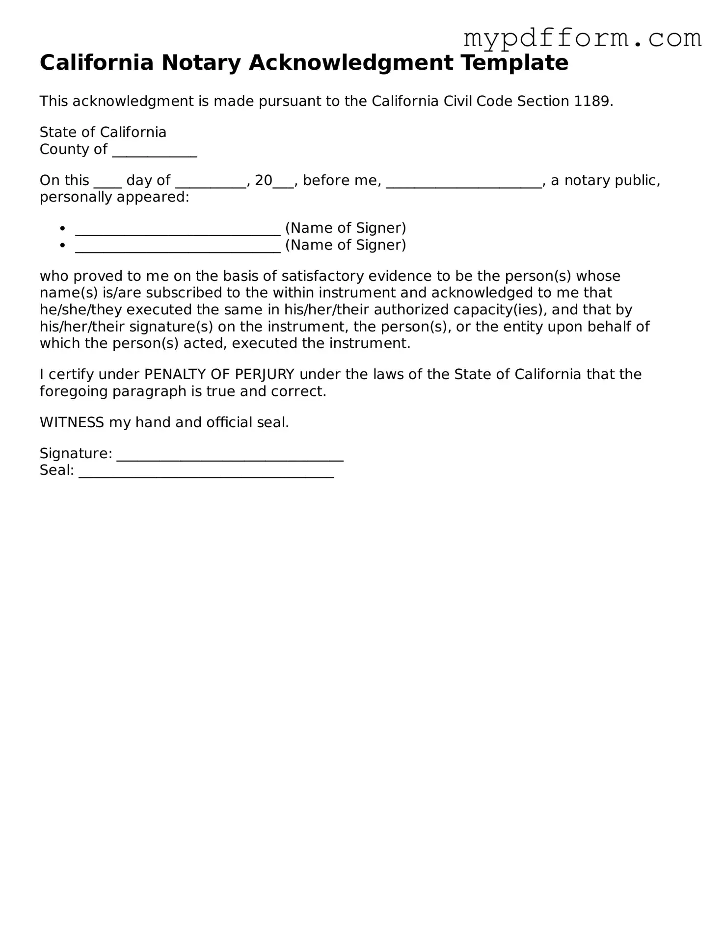 Valid  Notary Acknowledgement Template for California