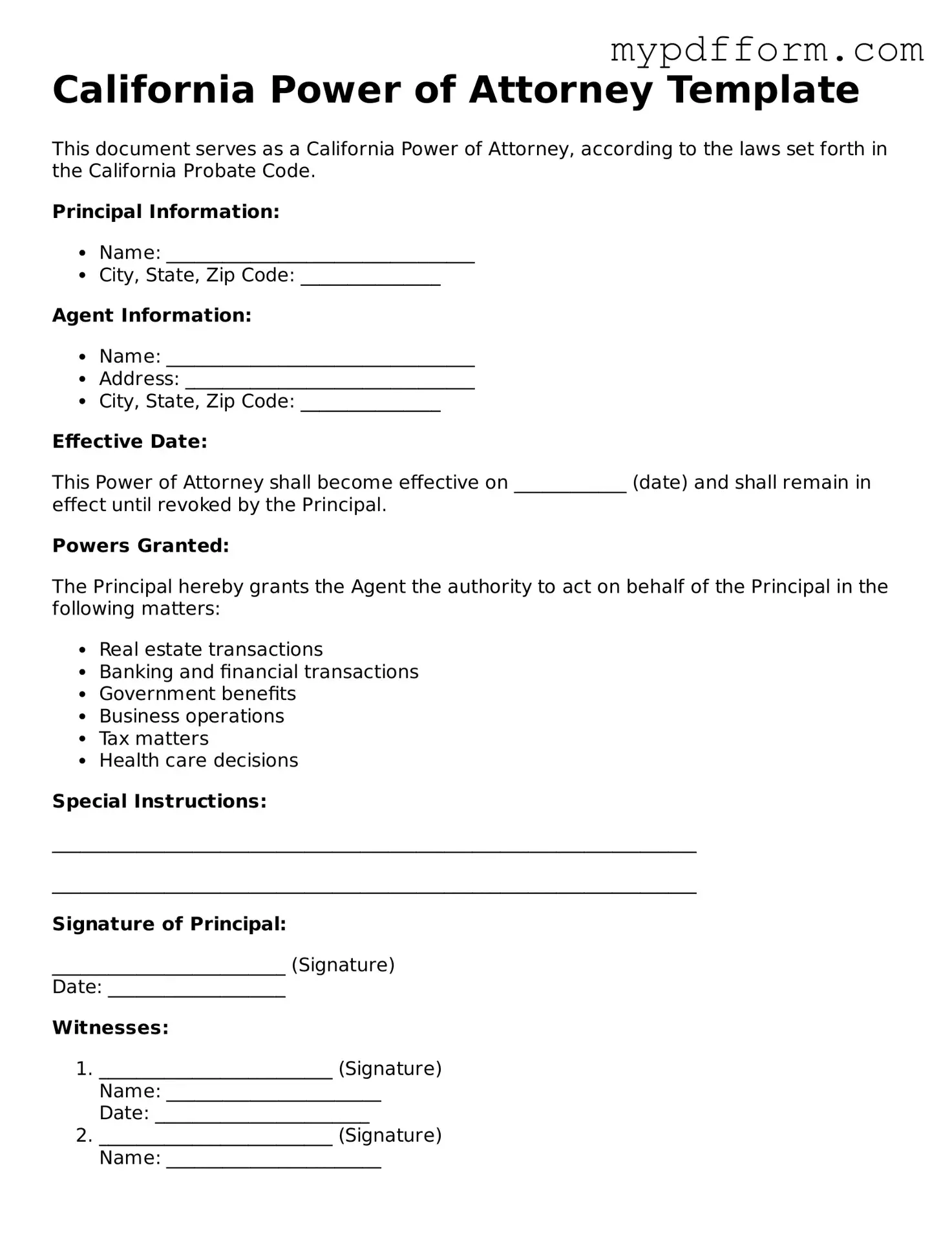 Valid  Power of Attorney Template for California