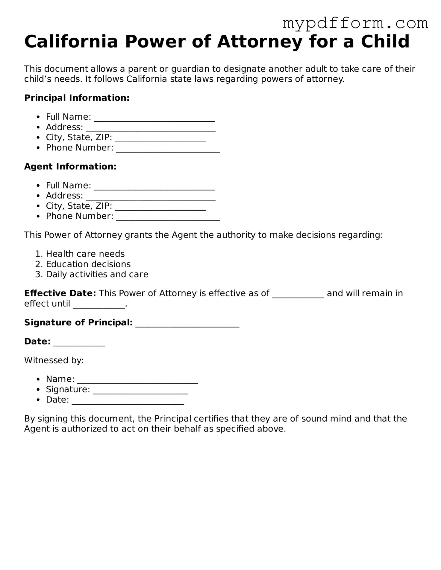 Valid  Power of Attorney for a Child Template for California