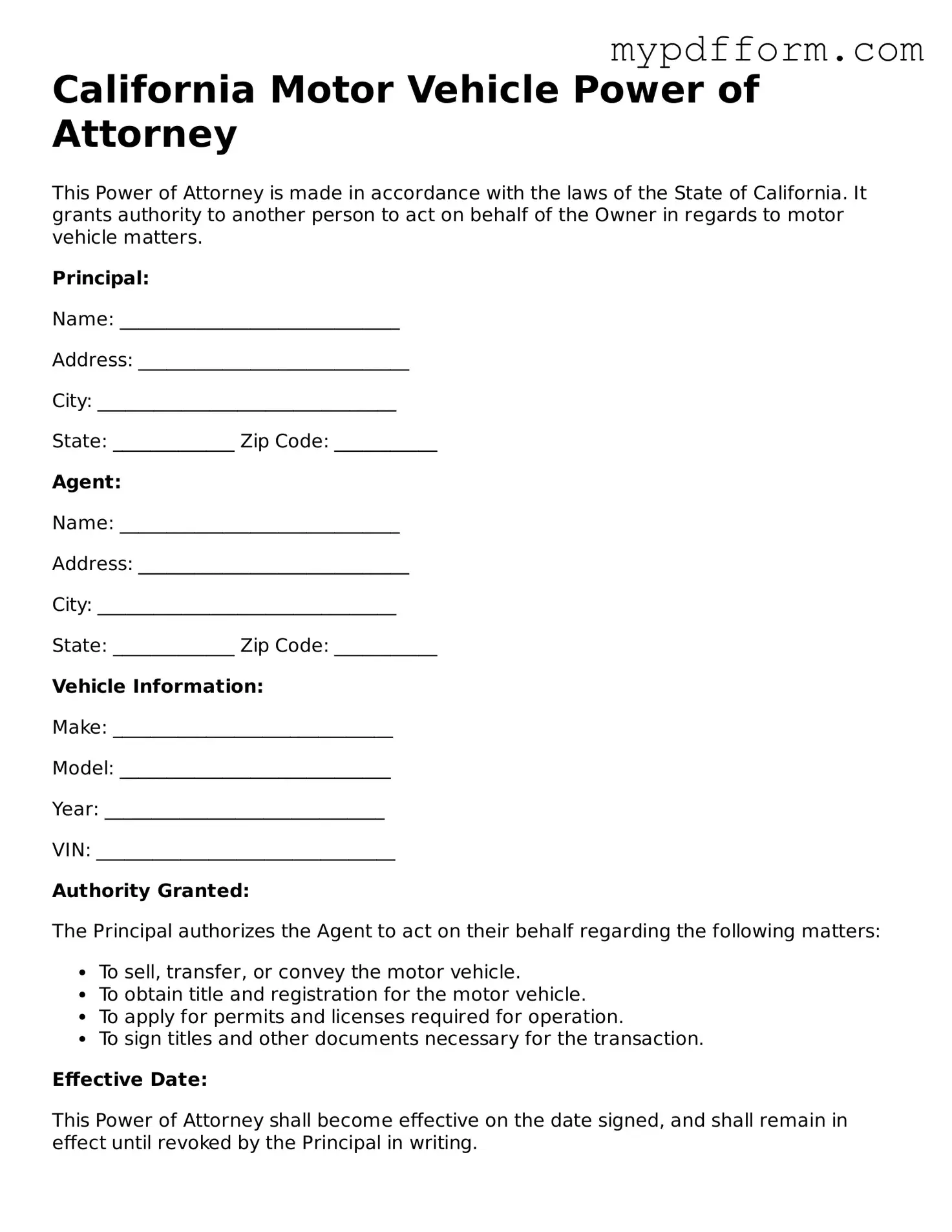 Valid  Motor Vehicle Power of Attorney Template for California