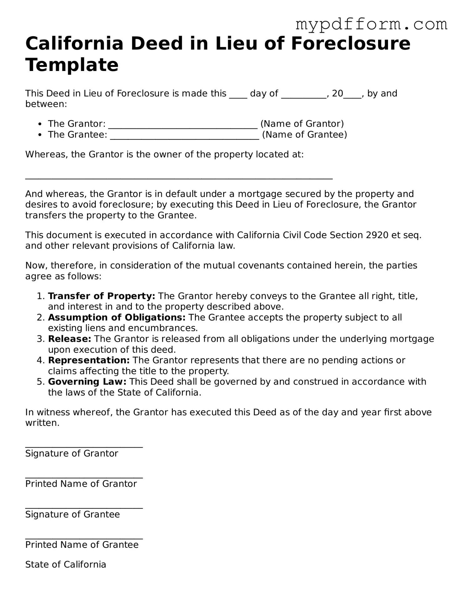 Valid  Deed in Lieu of Foreclosure Template for California