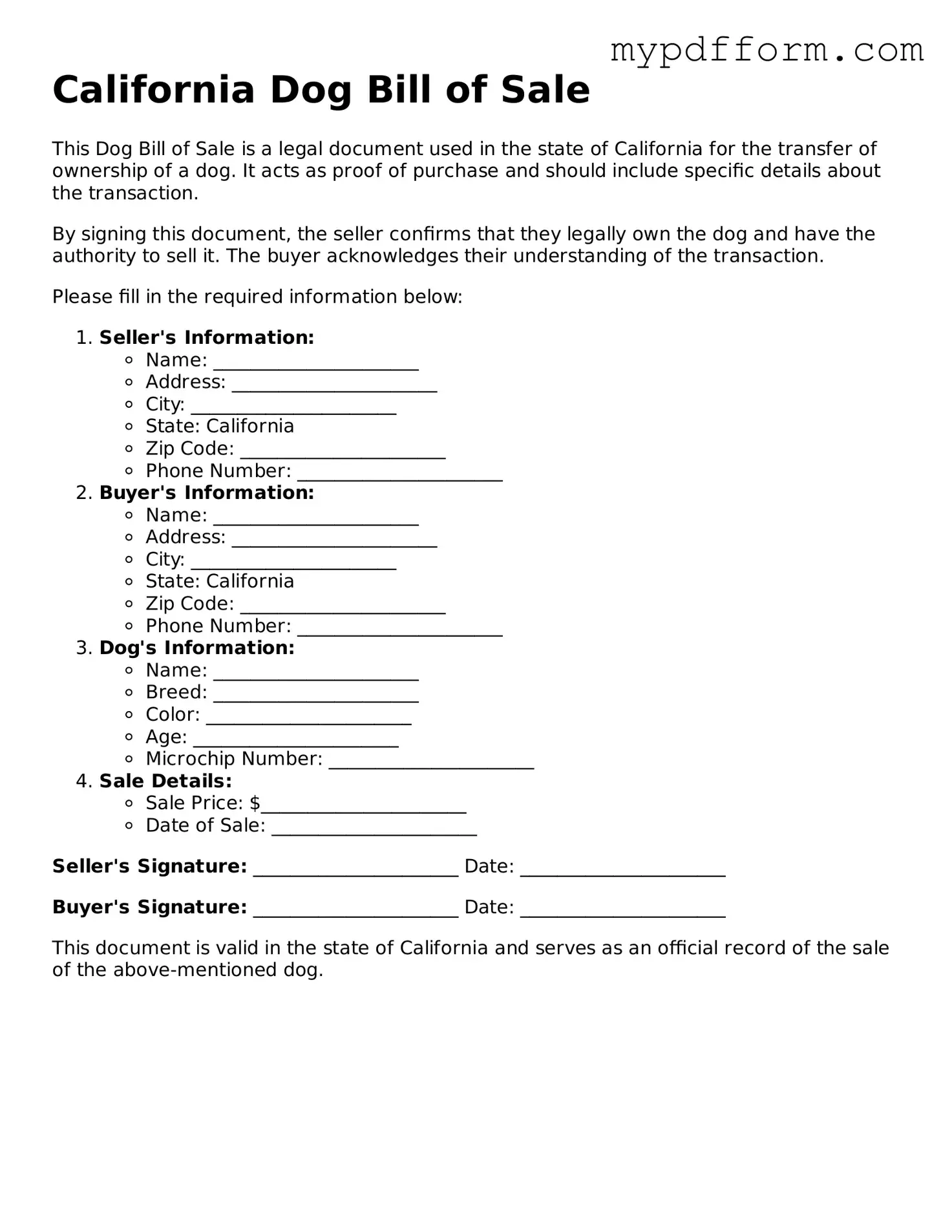 Valid  Dog Bill of Sale Template for California