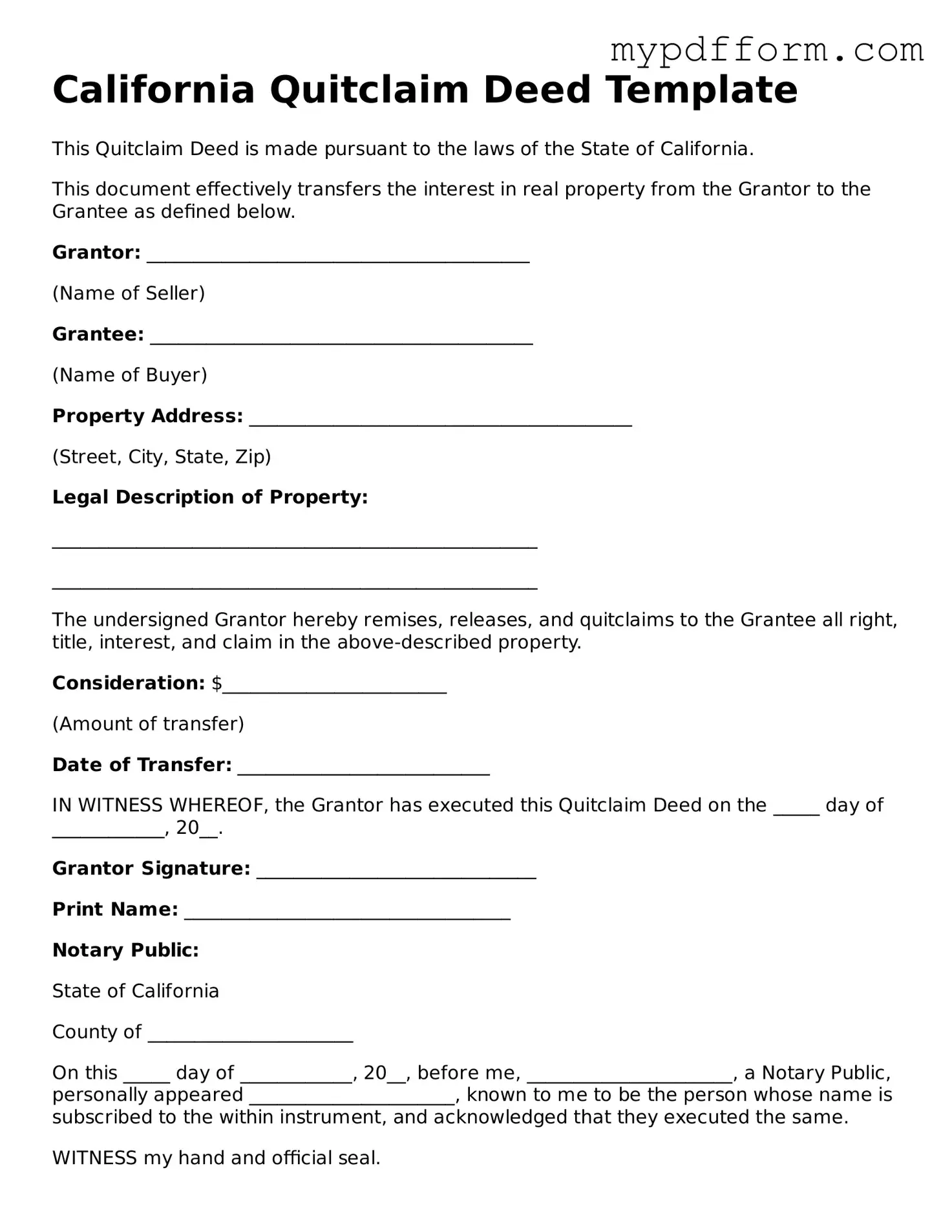 Valid  Quitclaim Deed Template for California