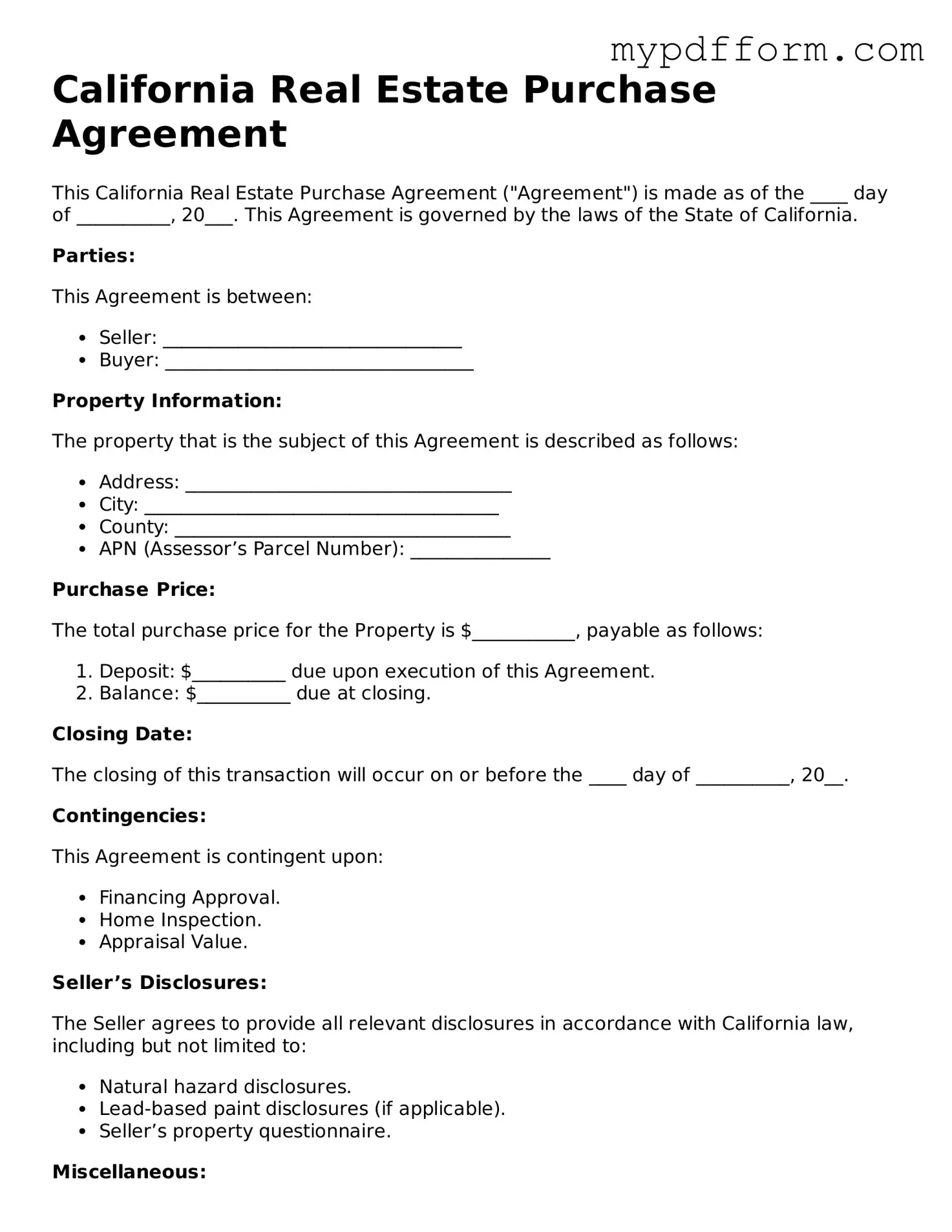 Valid  Real Estate Purchase Agreement Template for California
