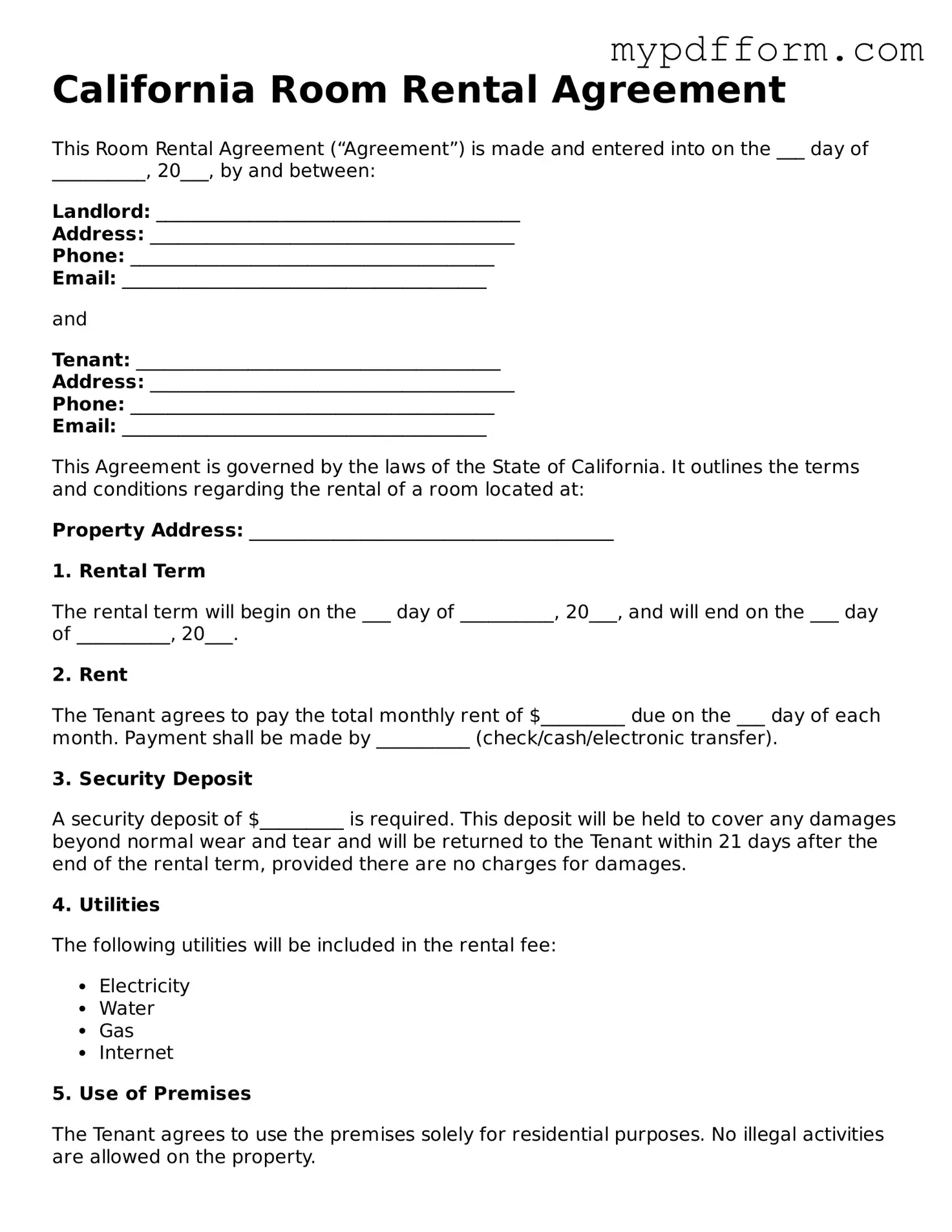 Valid  Room Rental Agreement Template for California