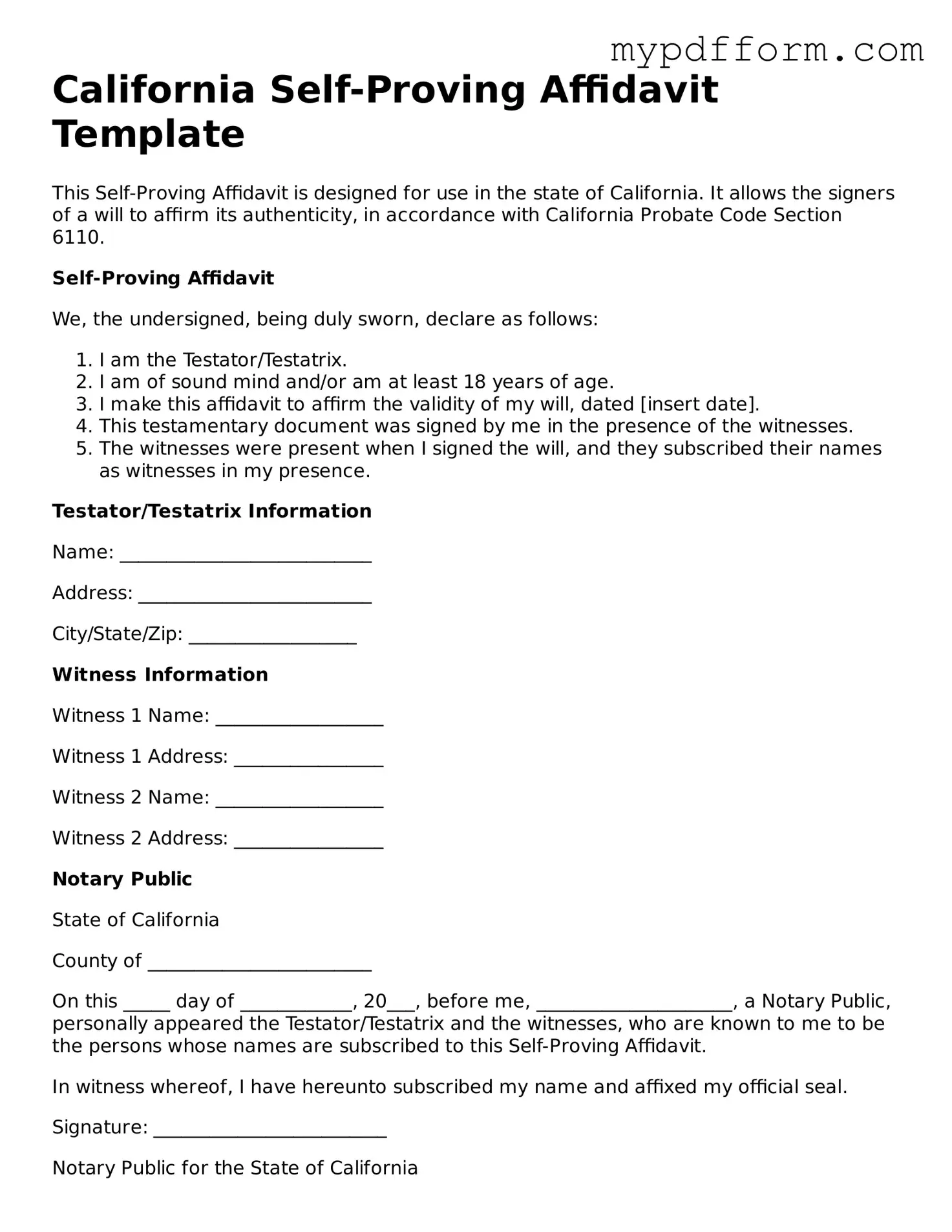 Valid  Self-Proving Affidavit Template for California