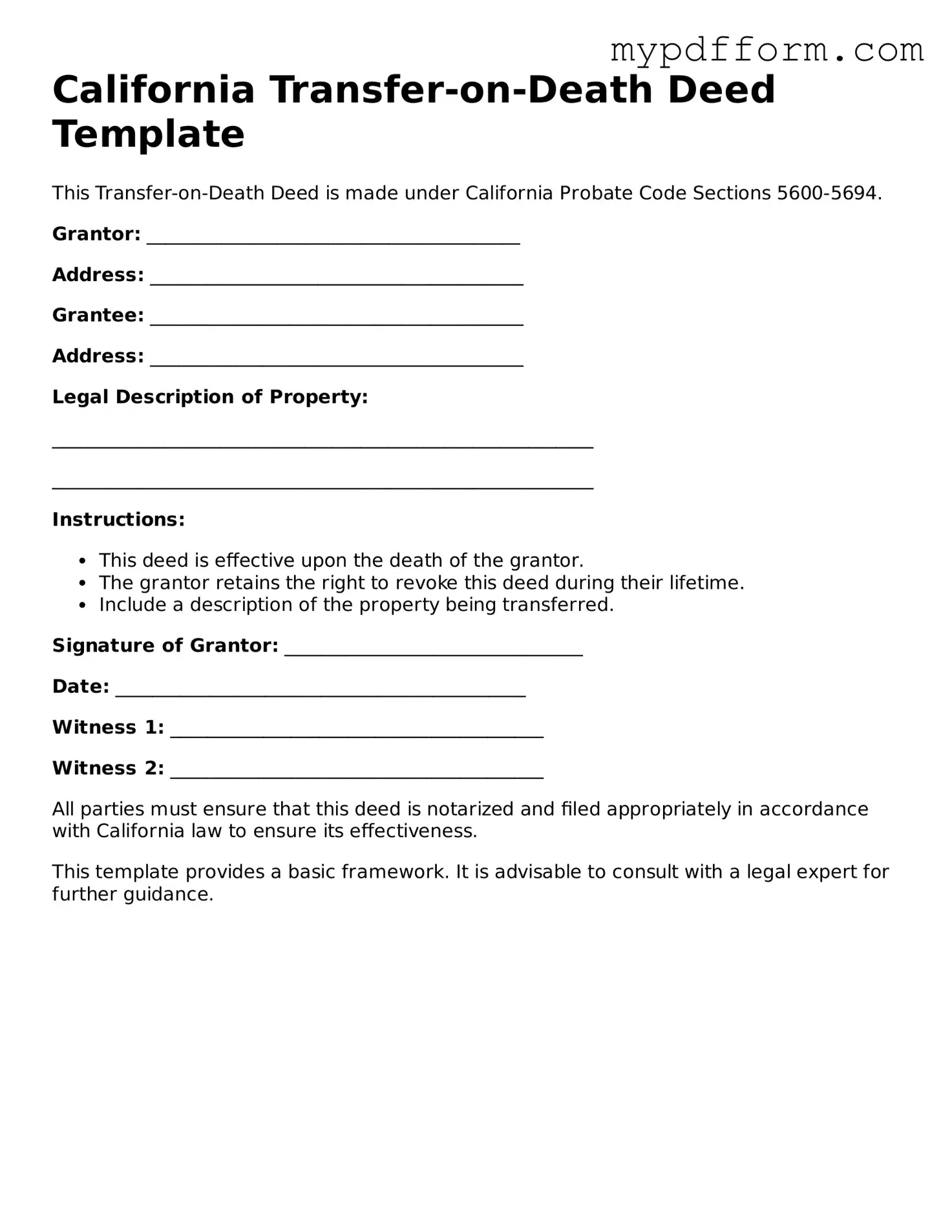 Valid  Transfer-on-Death Deed Template for California