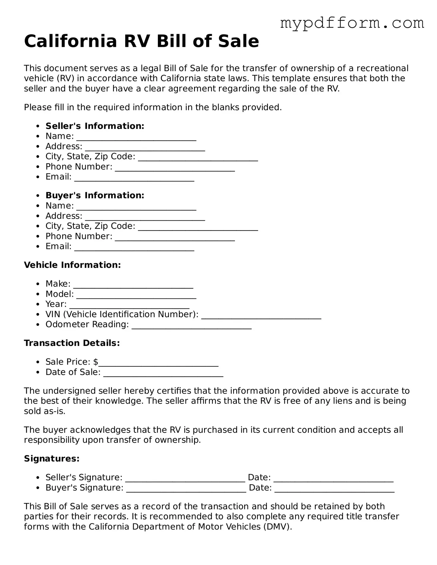Valid  RV Bill of Sale Template for California