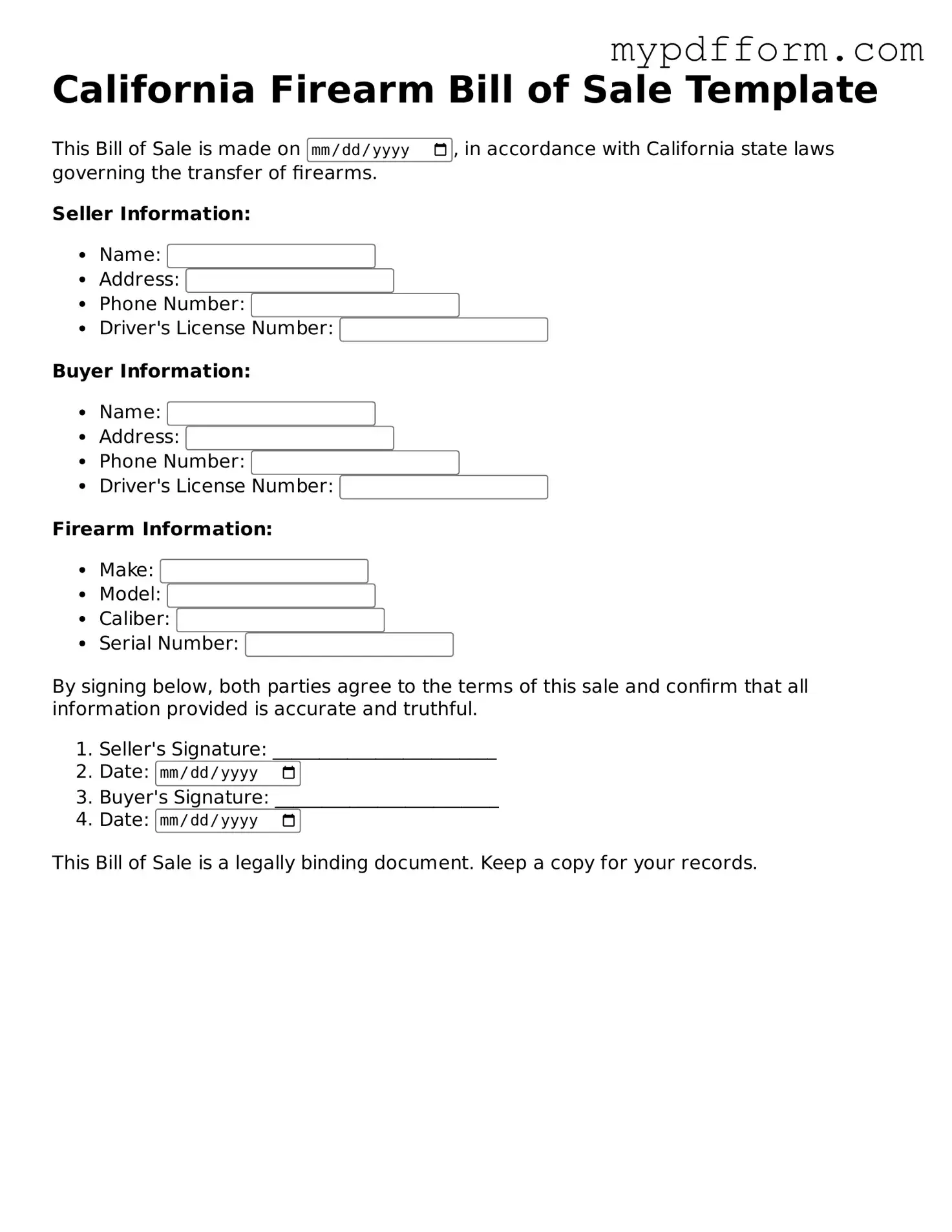Valid  Firearm Bill of Sale Template for California