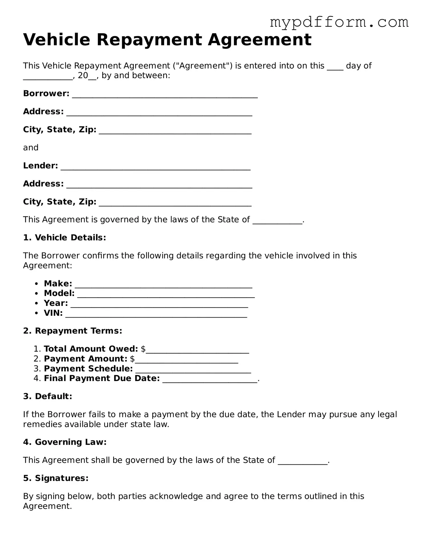Fillable Vehicle Repayment Agreement Document